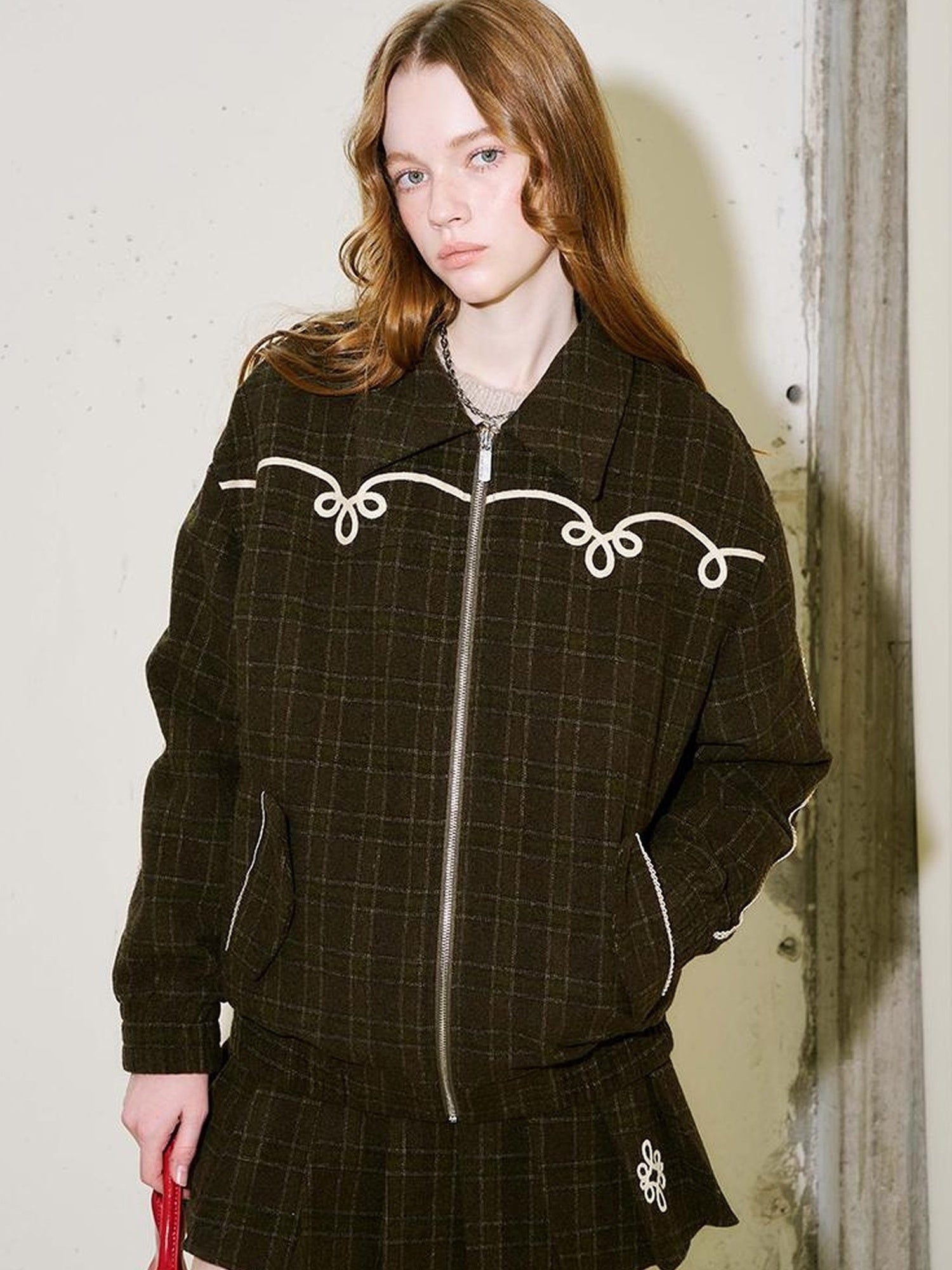 DIDDI MODA Vintage Chain Embroidered Check Faux Fur Skirt Set