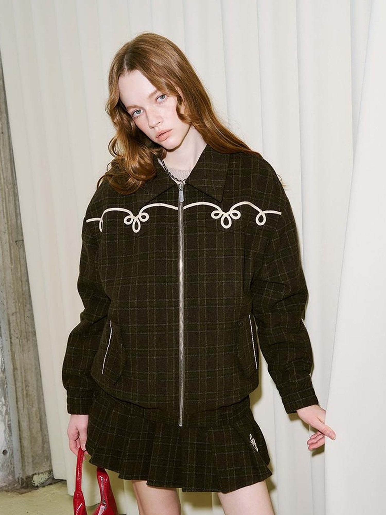 DIDDI MODA Vintage Chain Embroidered Check Faux Fur Skirt Set