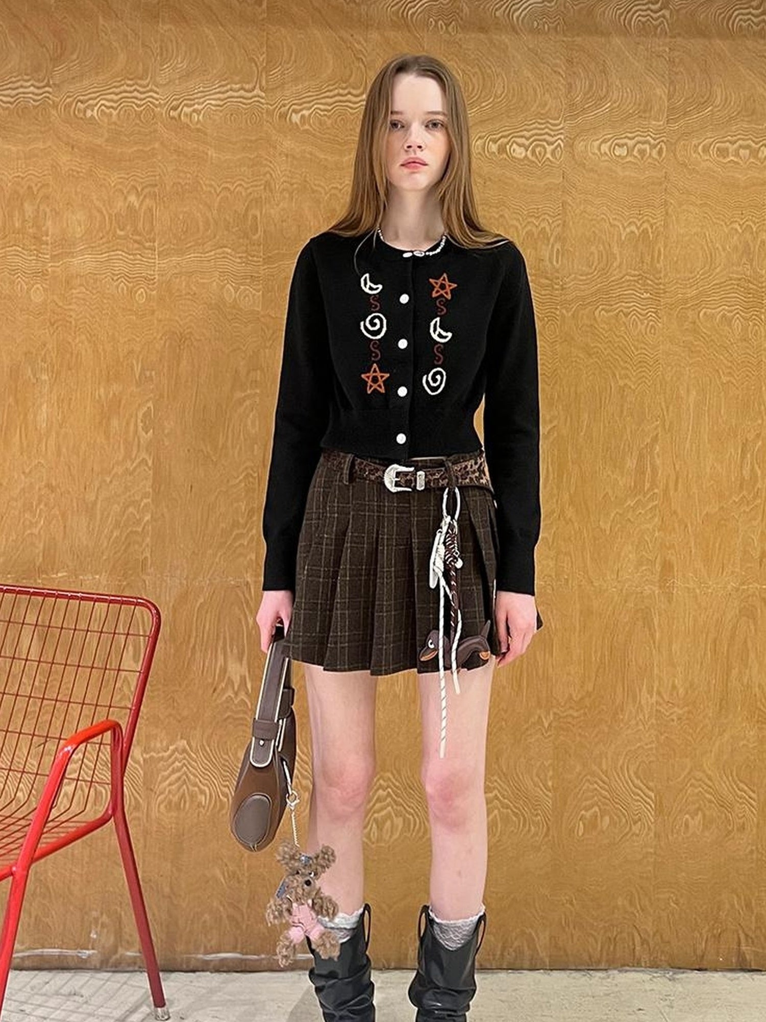 DIDDI MODA Vintage Chain Embroidered Check Faux Fur Skirt Set