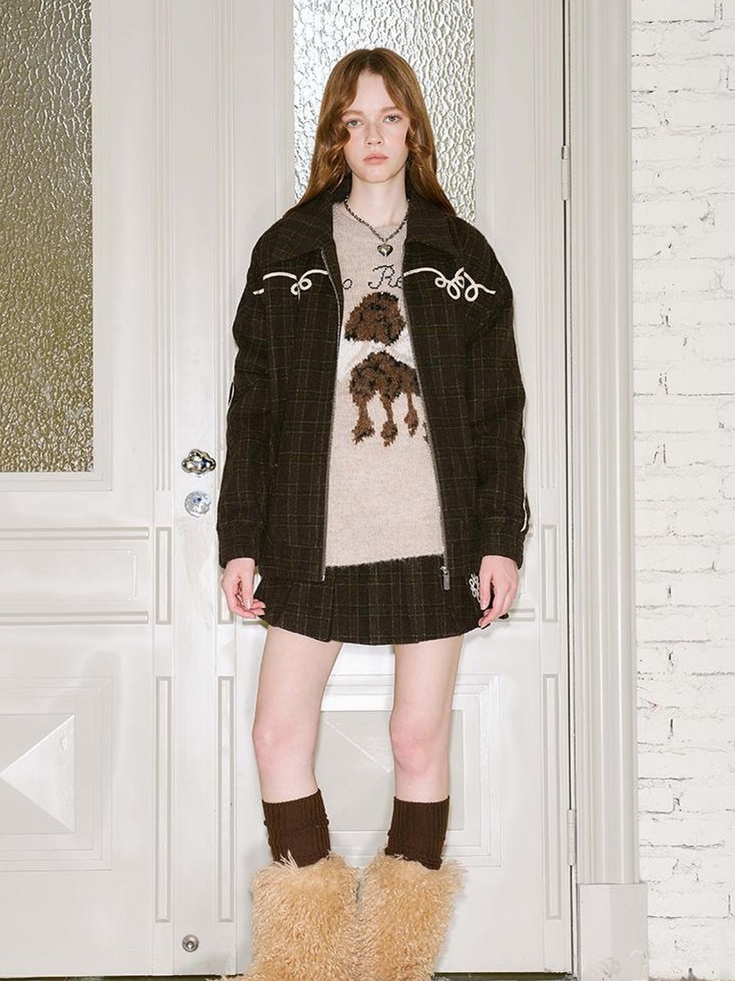 DIDDI MODA Vintage Chain Embroidered Check Faux Fur Skirt Set