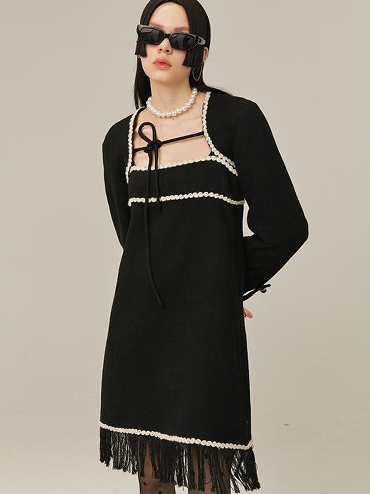 DIDDI MODA Vintage Chanel Style Black Crochet Mini Dress Set With Fringe