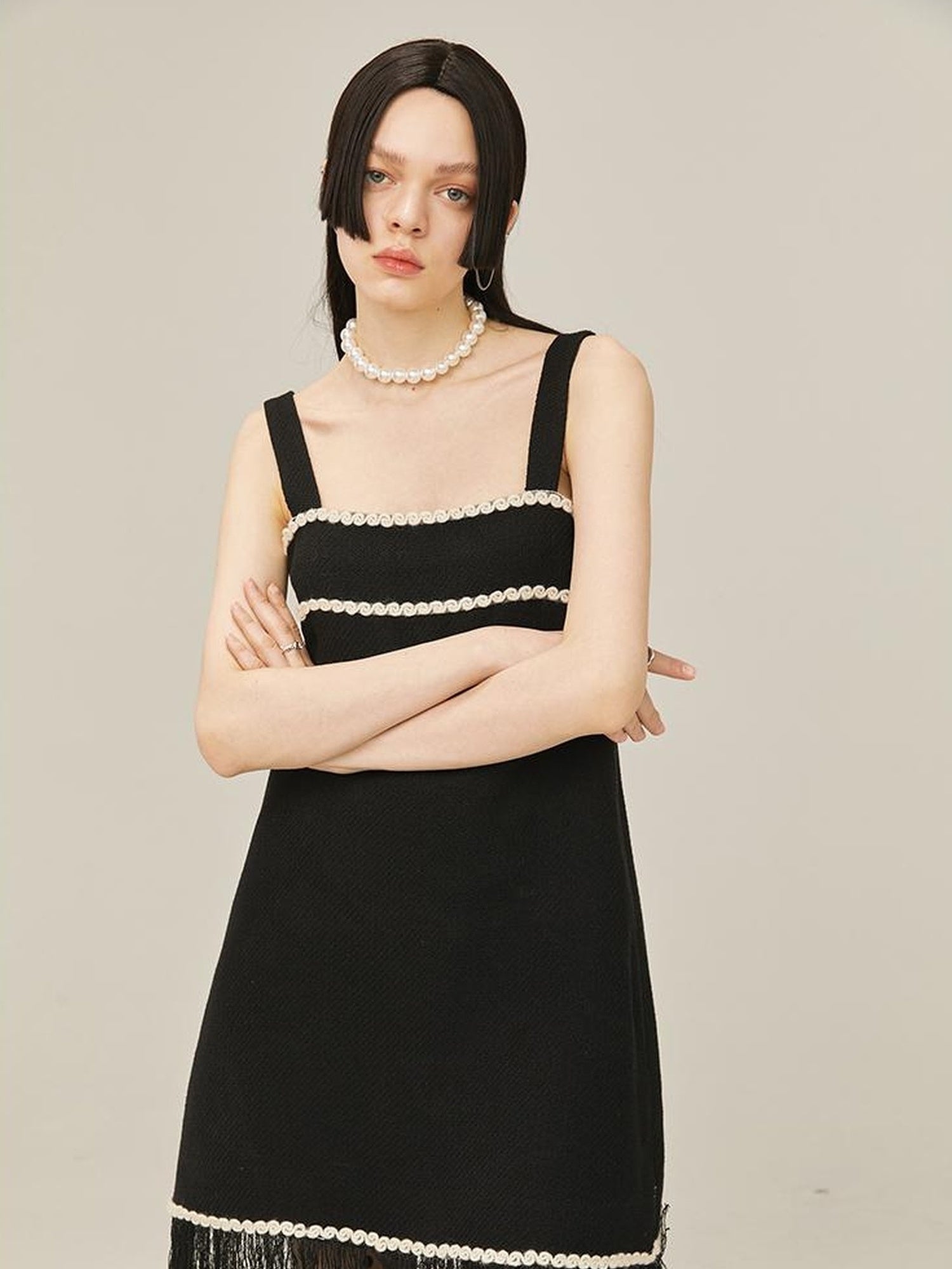DIDDI MODA Vintage Chanel Style Black Crochet Mini Dress Set With Fringe
