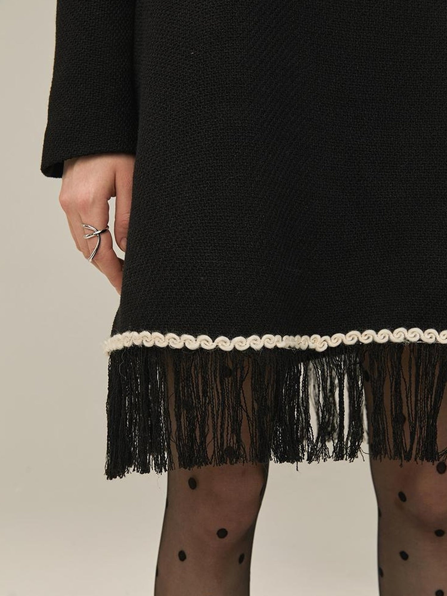 DIDDI MODA Vintage Chanel Style Black Crochet Mini Dress Set With Fringe