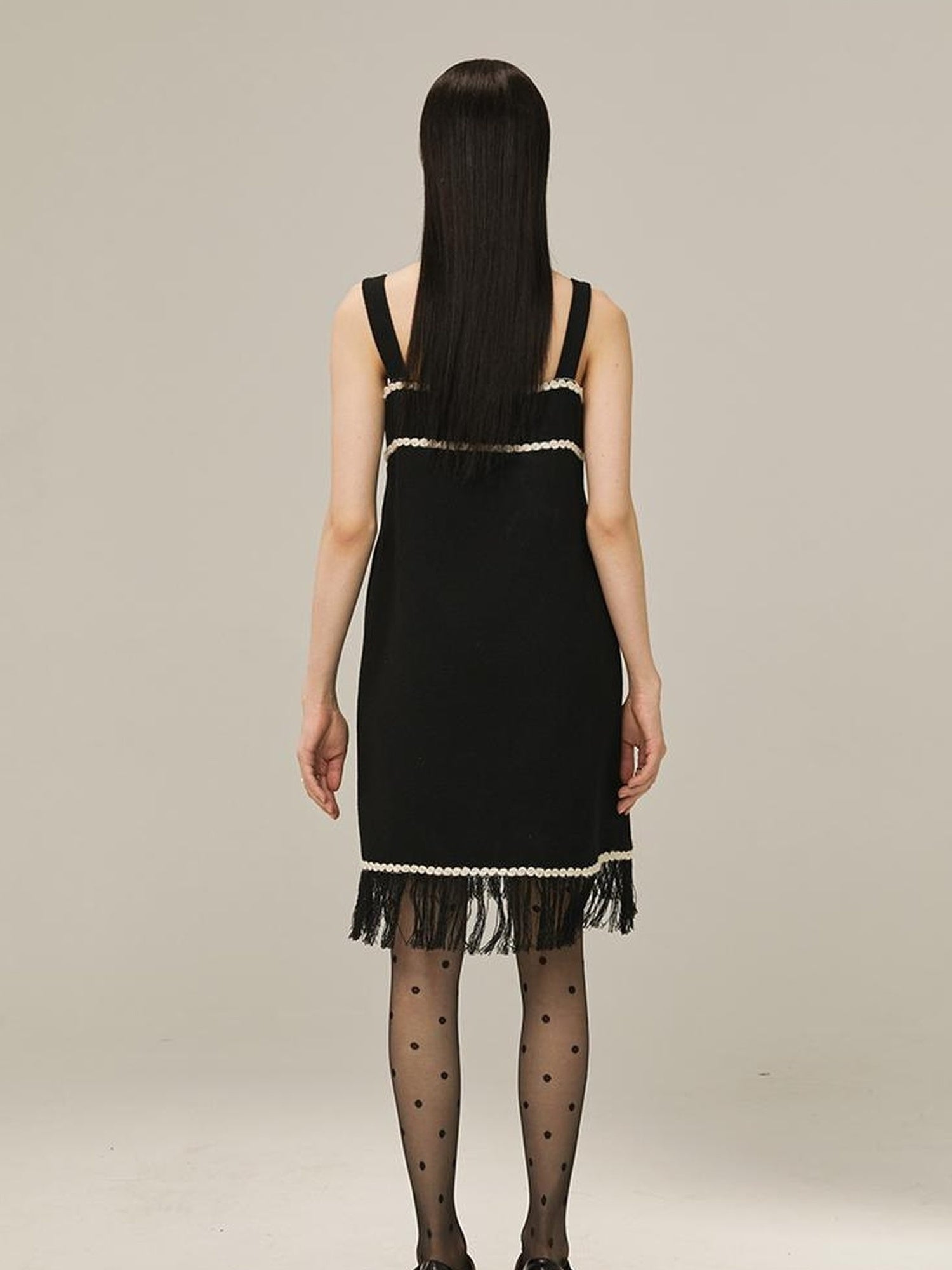 DIDDI MODA Vintage Chanel Style Black Crochet Mini Dress Set With Fringe