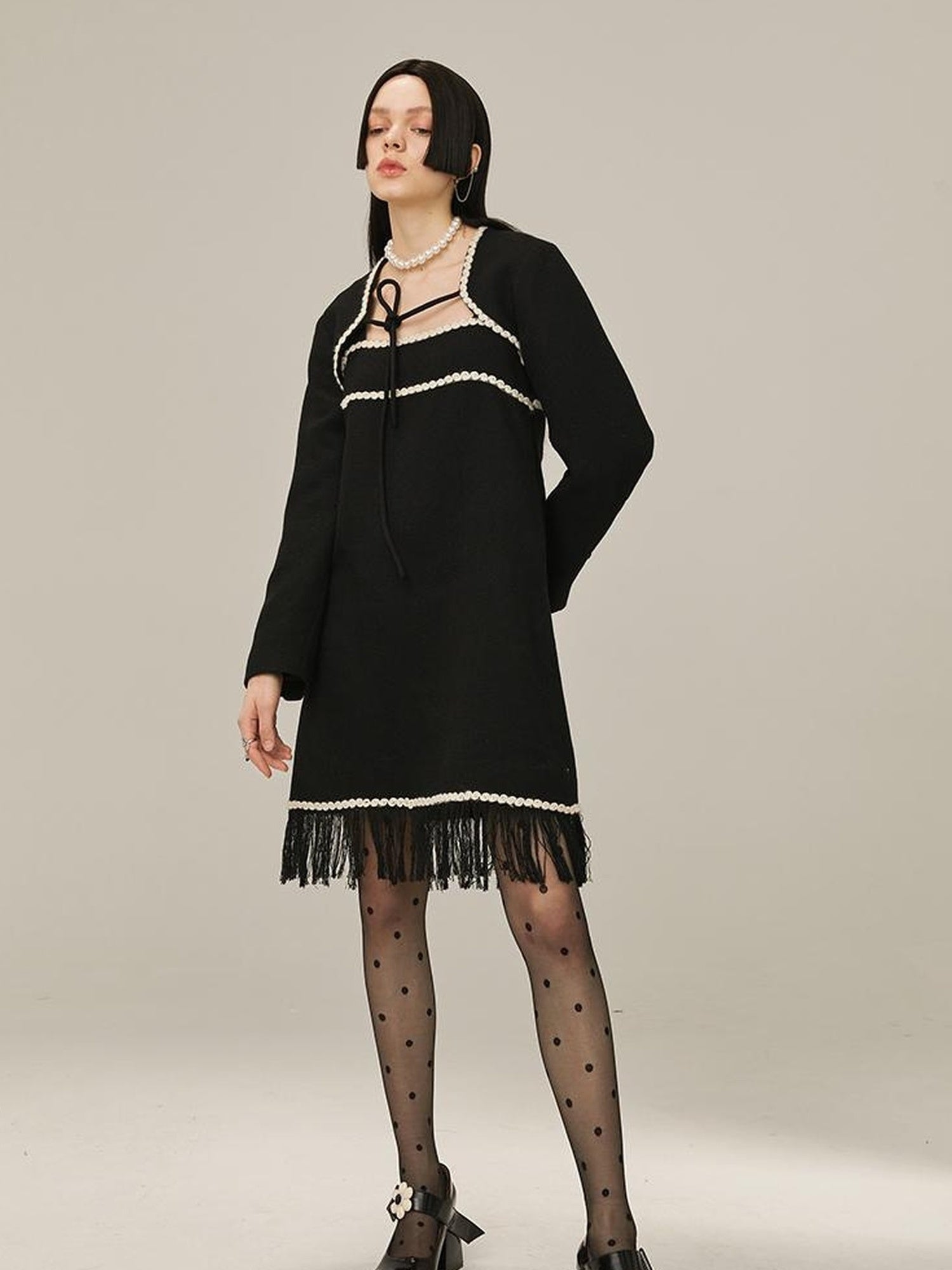 DIDDI MODA Vintage Chanel Style Black Crochet Mini Dress Set With Fringe