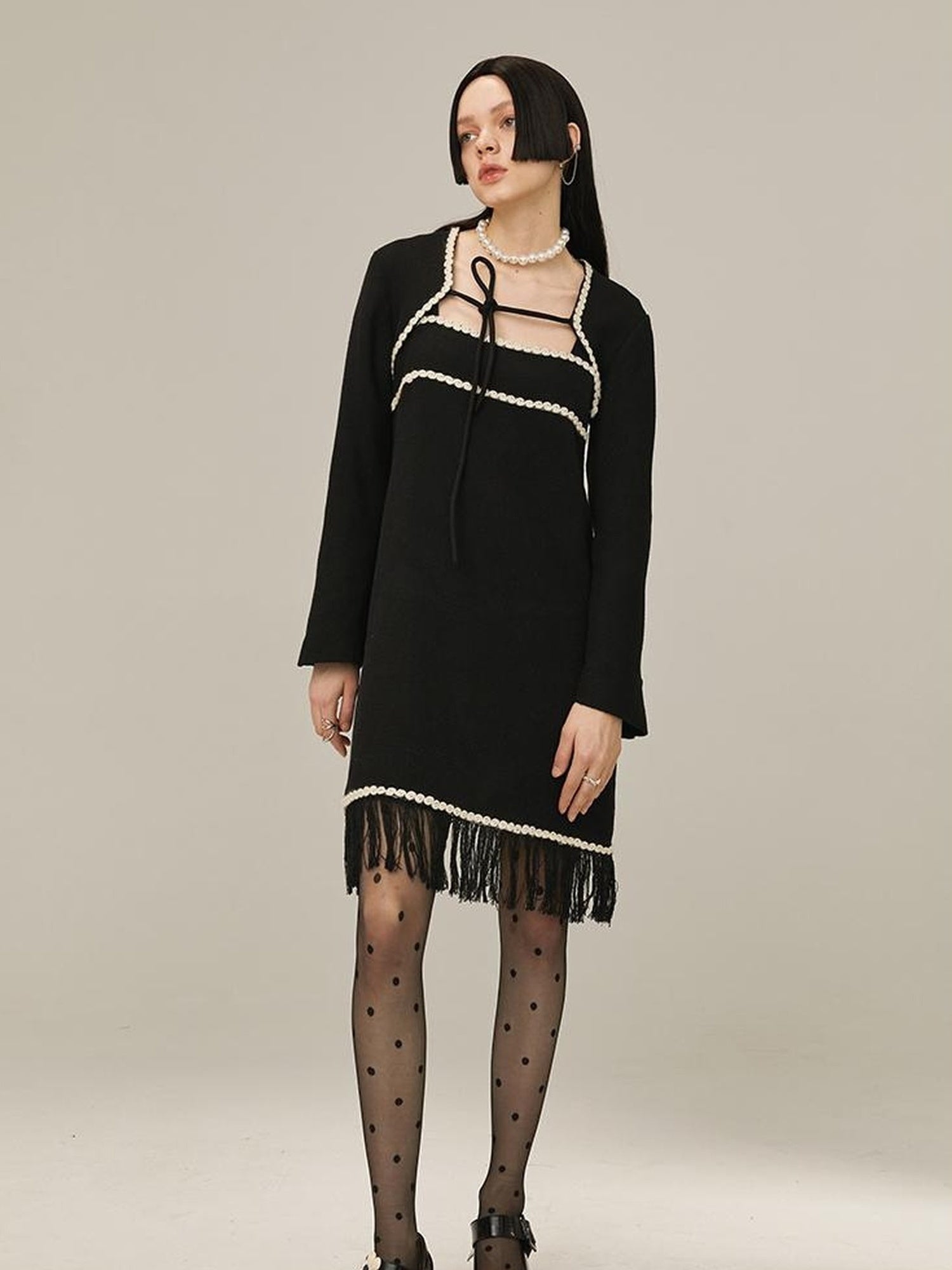 DIDDI MODA Vintage Chanel Style Black Crochet Mini Dress Set With Fringe