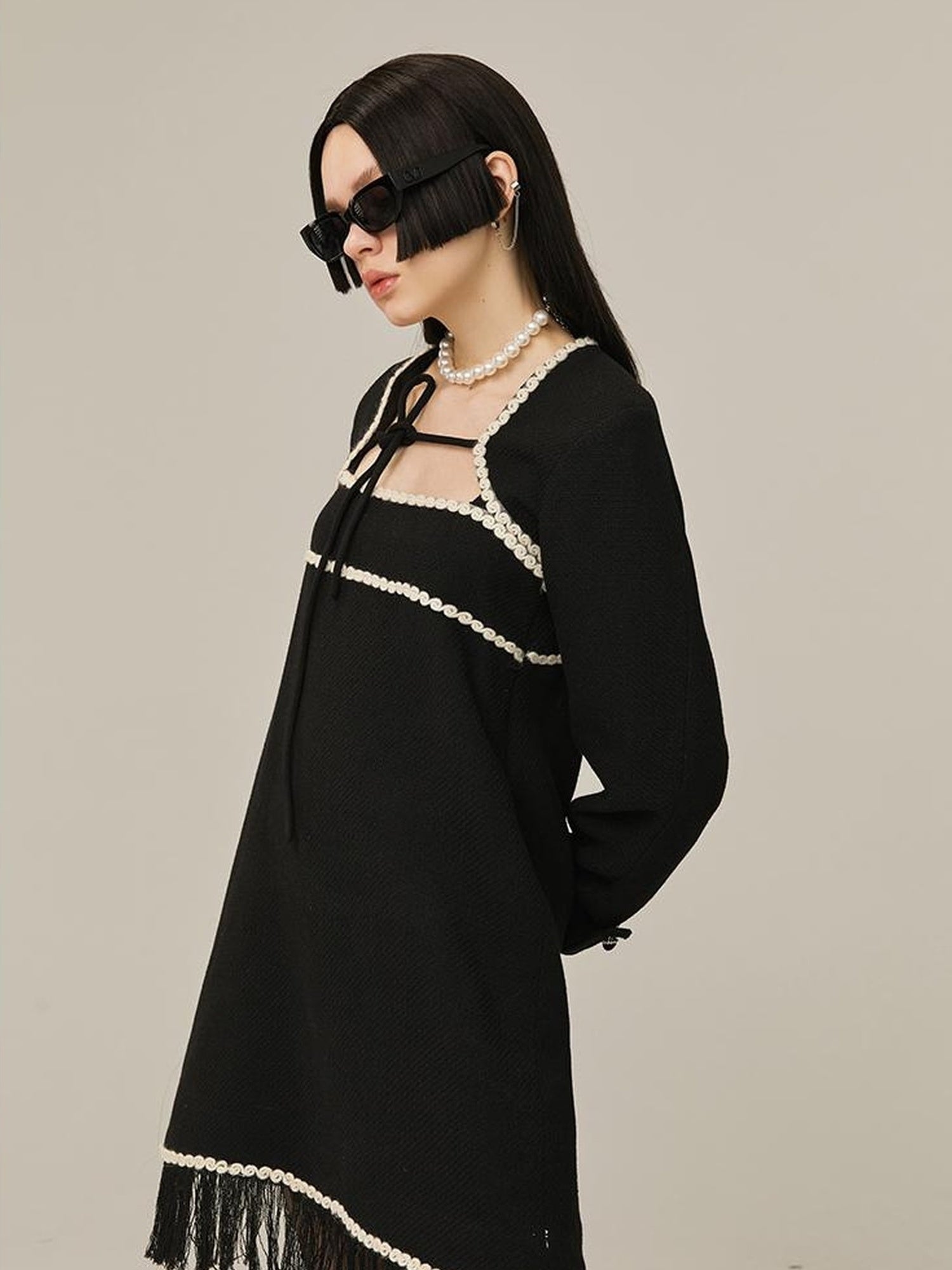 DIDDI MODA Vintage Chanel Style Black Crochet Mini Dress Set With Fringe
