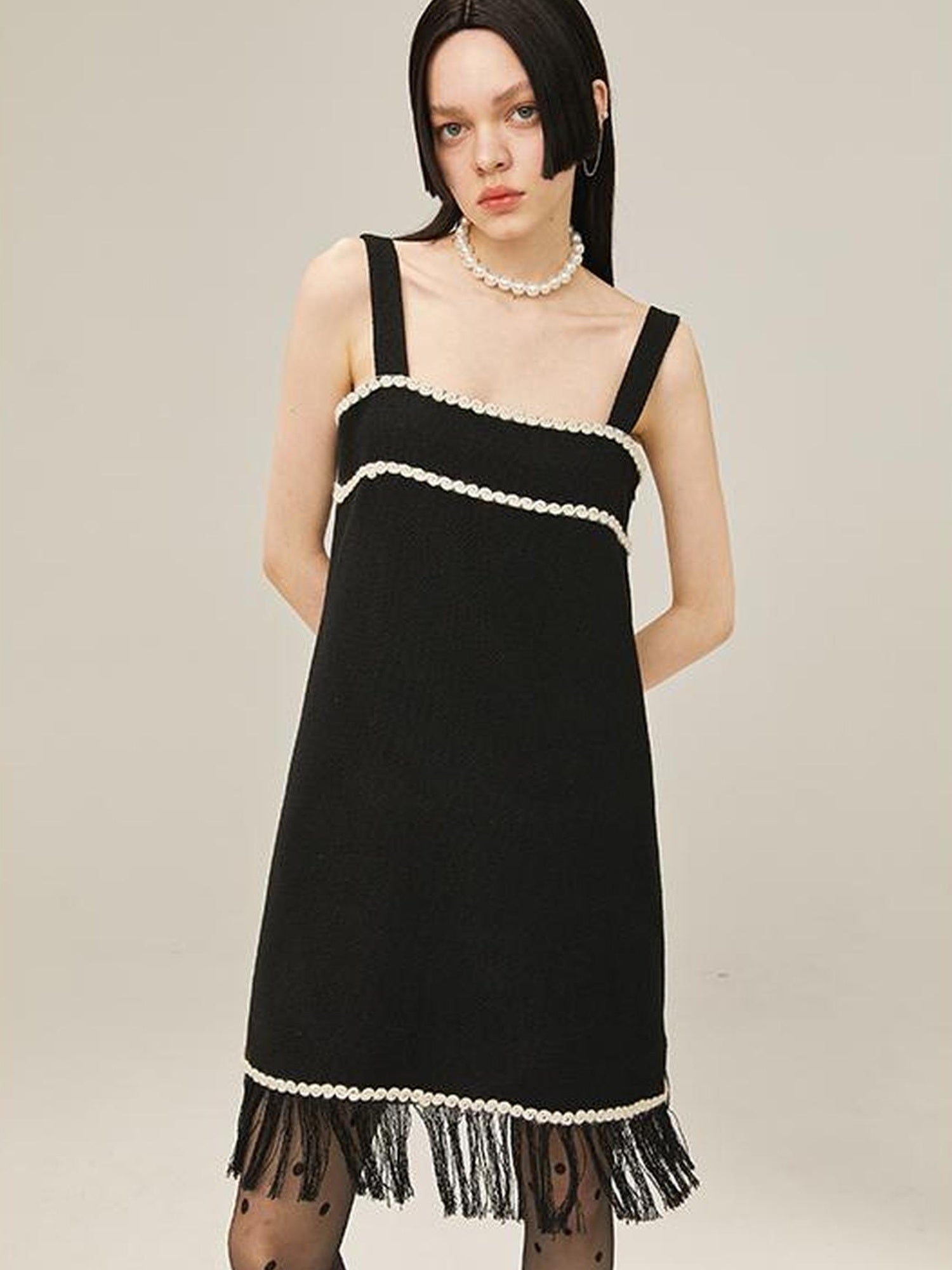 DIDDI MODA Vintage Chanel Style Black Crochet Mini Dress Set With Fringe