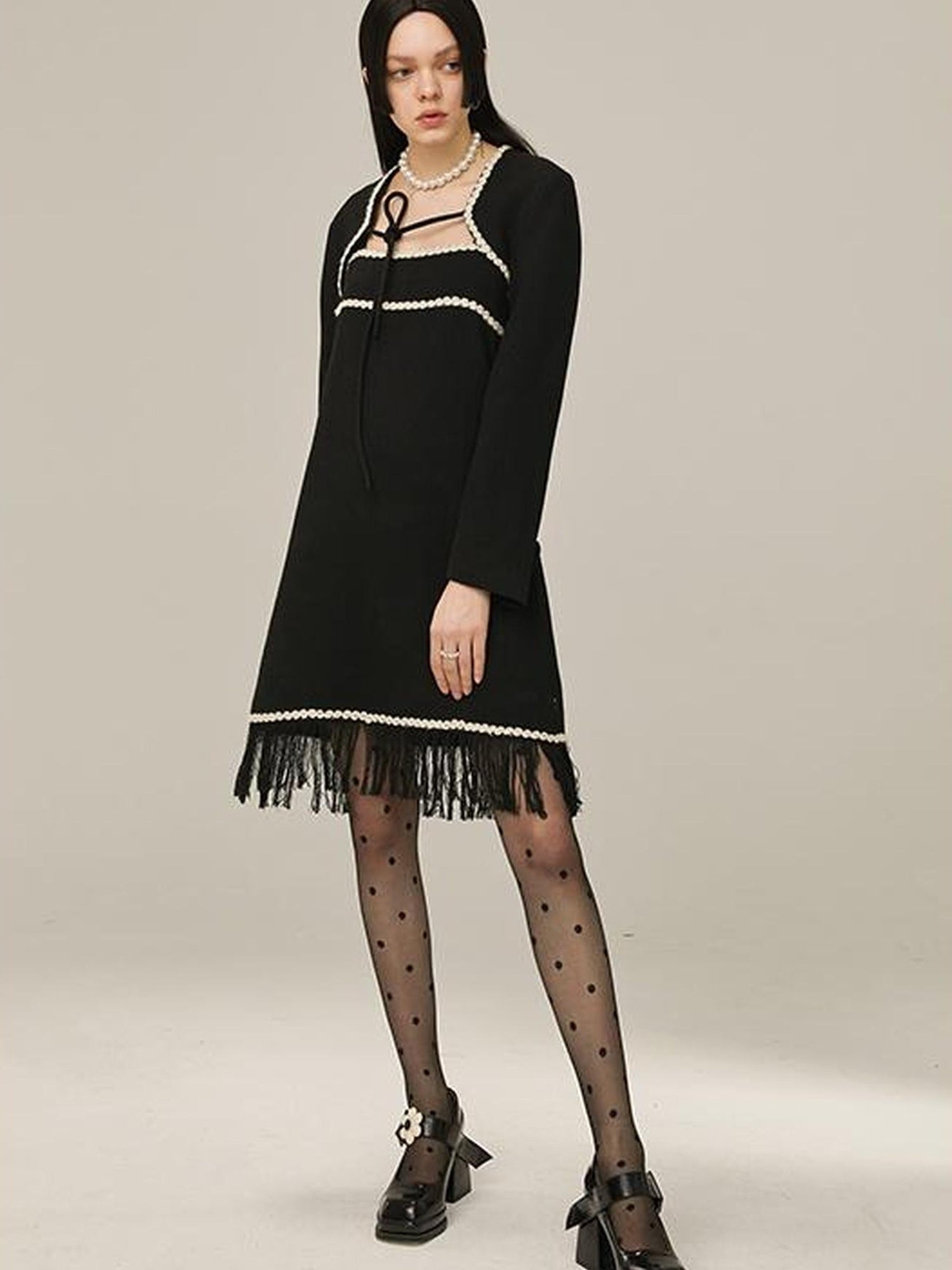 DIDDI MODA Vintage Chanel Style Black Crochet Mini Dress Set With Fringe