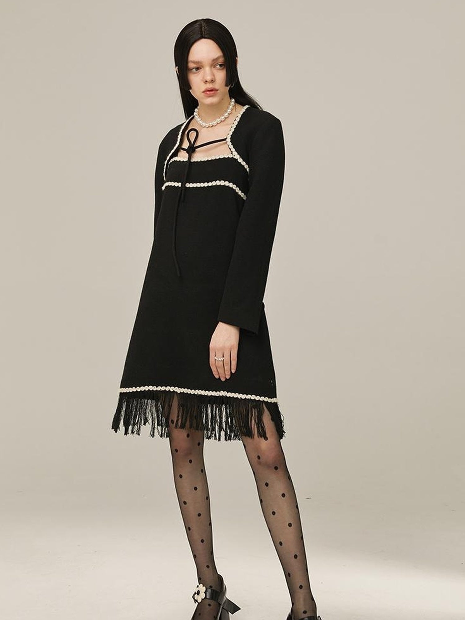 DIDDI MODA Vintage Chanel Style Black Crochet Mini Dress Set With Fringe