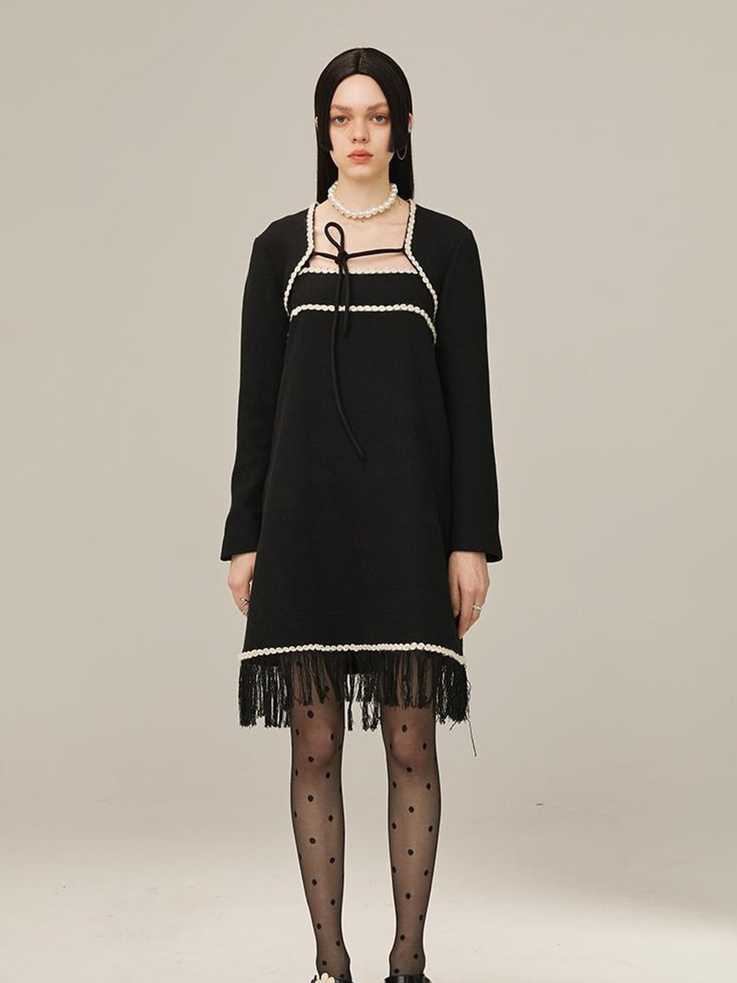 DIDDI MODA Vintage Chanel Style Black Crochet Mini Dress Set With Fringe
