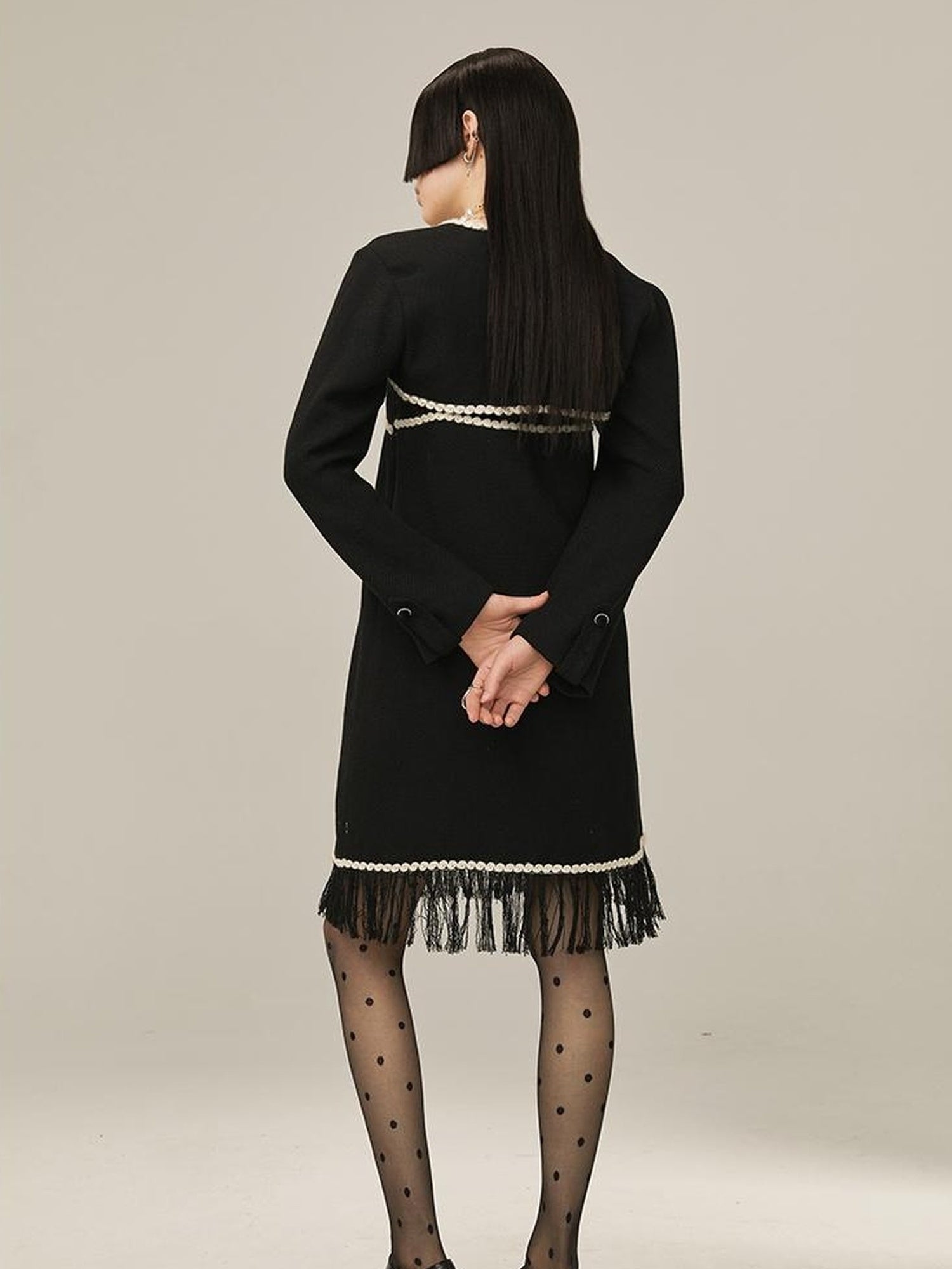 DIDDI MODA Vintage Chanel Style Black Crochet Mini Dress Set With Fringe
