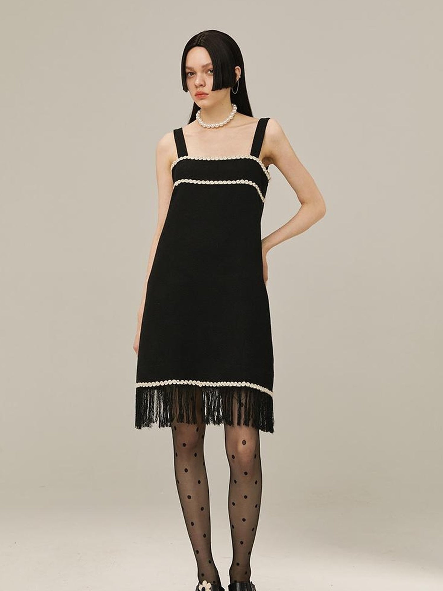 DIDDI MODA Vintage Chanel Style Black Crochet Mini Dress Set With Fringe