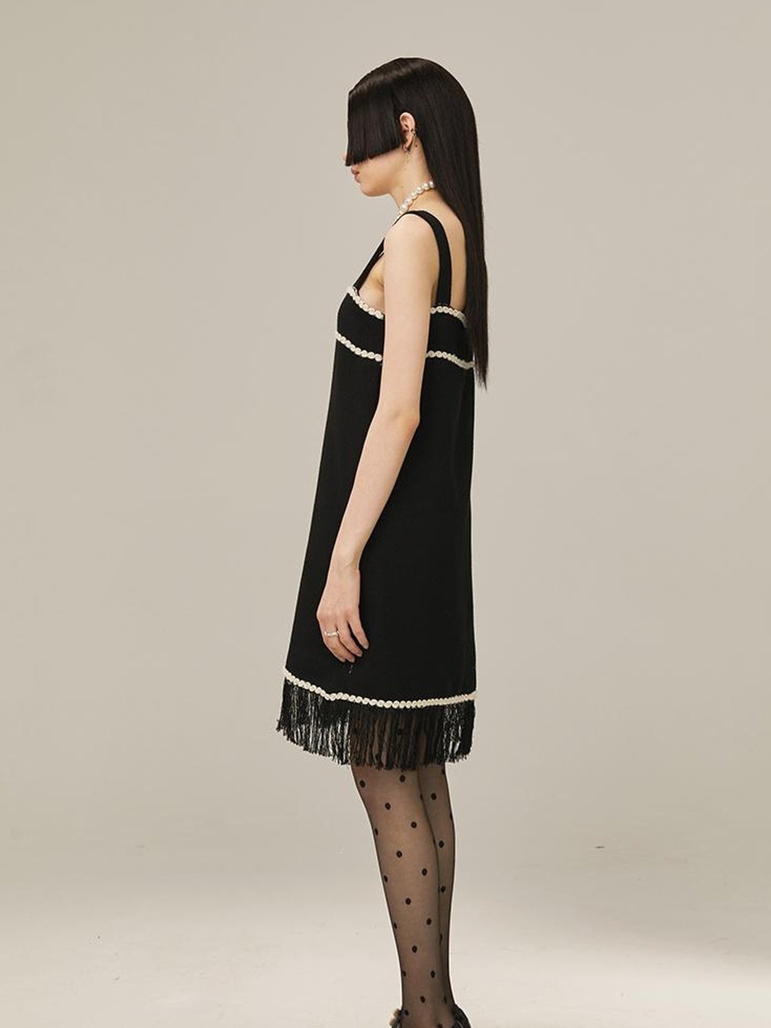 DIDDI MODA Vintage Chanel Style Black Crochet Mini Dress Set With Fringe