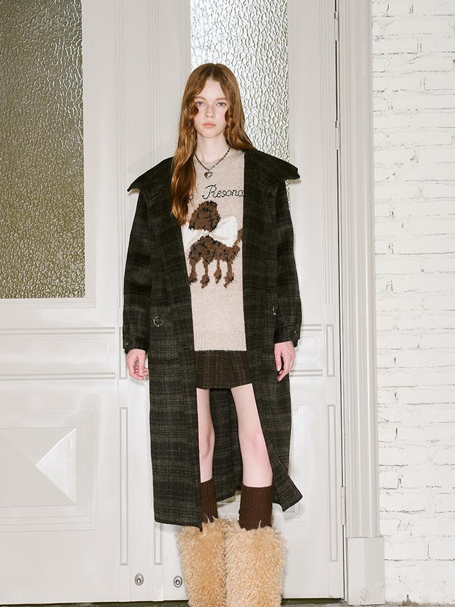 DIDDI MODA Vintage Checkered Hooded Wool Coat Long Double Faced Tweed Jacket