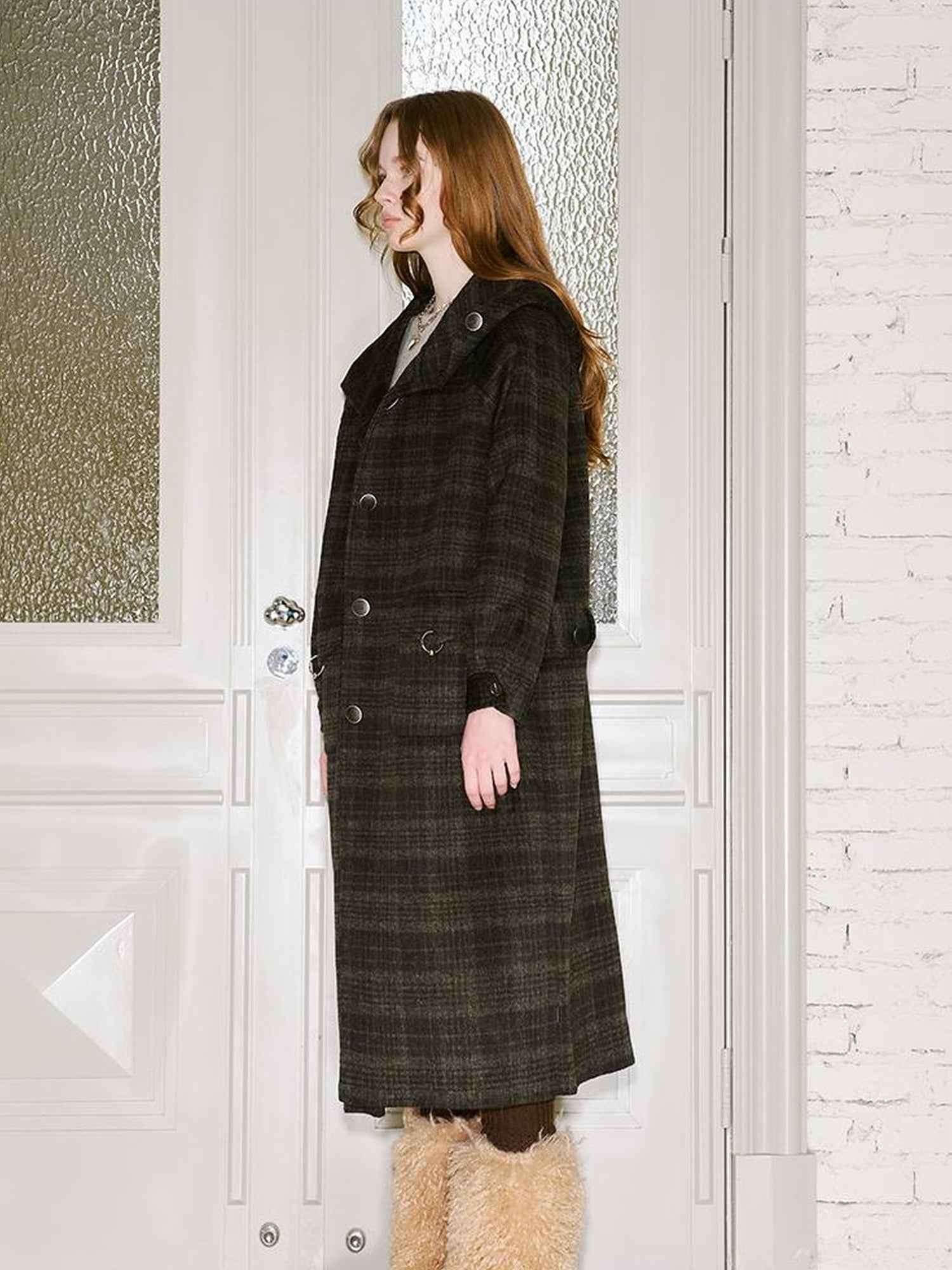 DIDDI MODA Vintage Checkered Hooded Wool Coat Long Double Faced Tweed Jacket