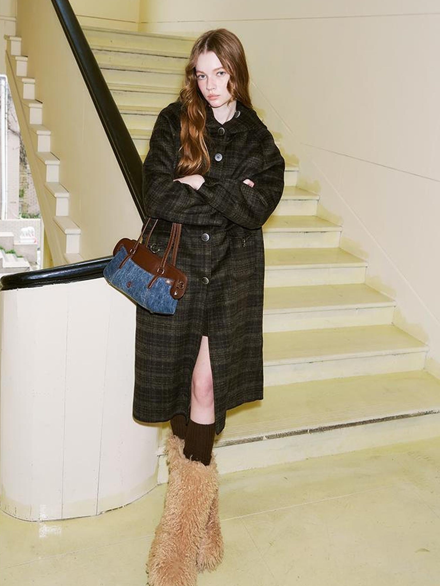 DIDDI MODA Vintage Checkered Hooded Wool Coat Long Double Faced Tweed Jacket