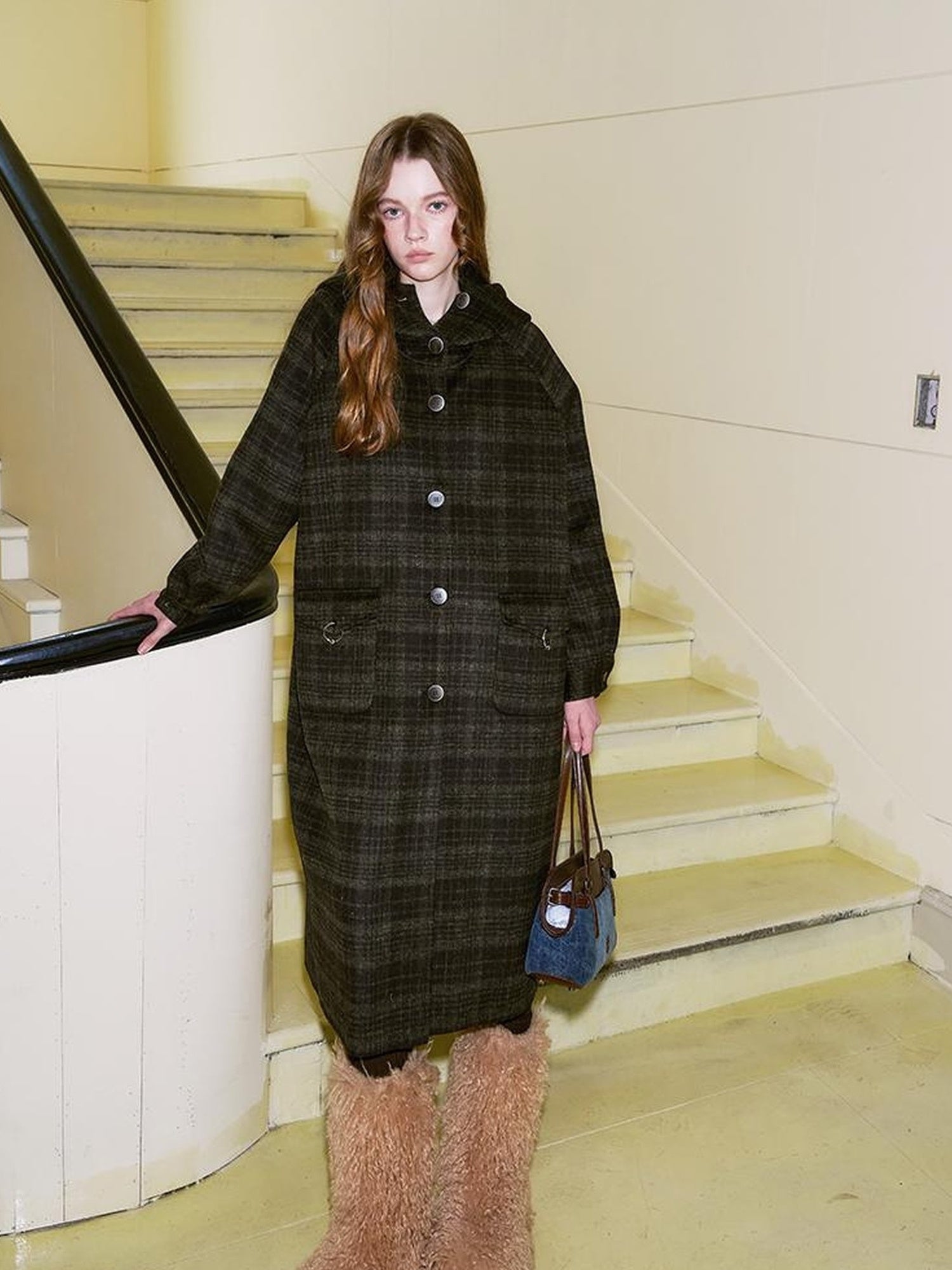 DIDDI MODA Vintage Checkered Hooded Wool Coat Long Double Faced Tweed Jacket