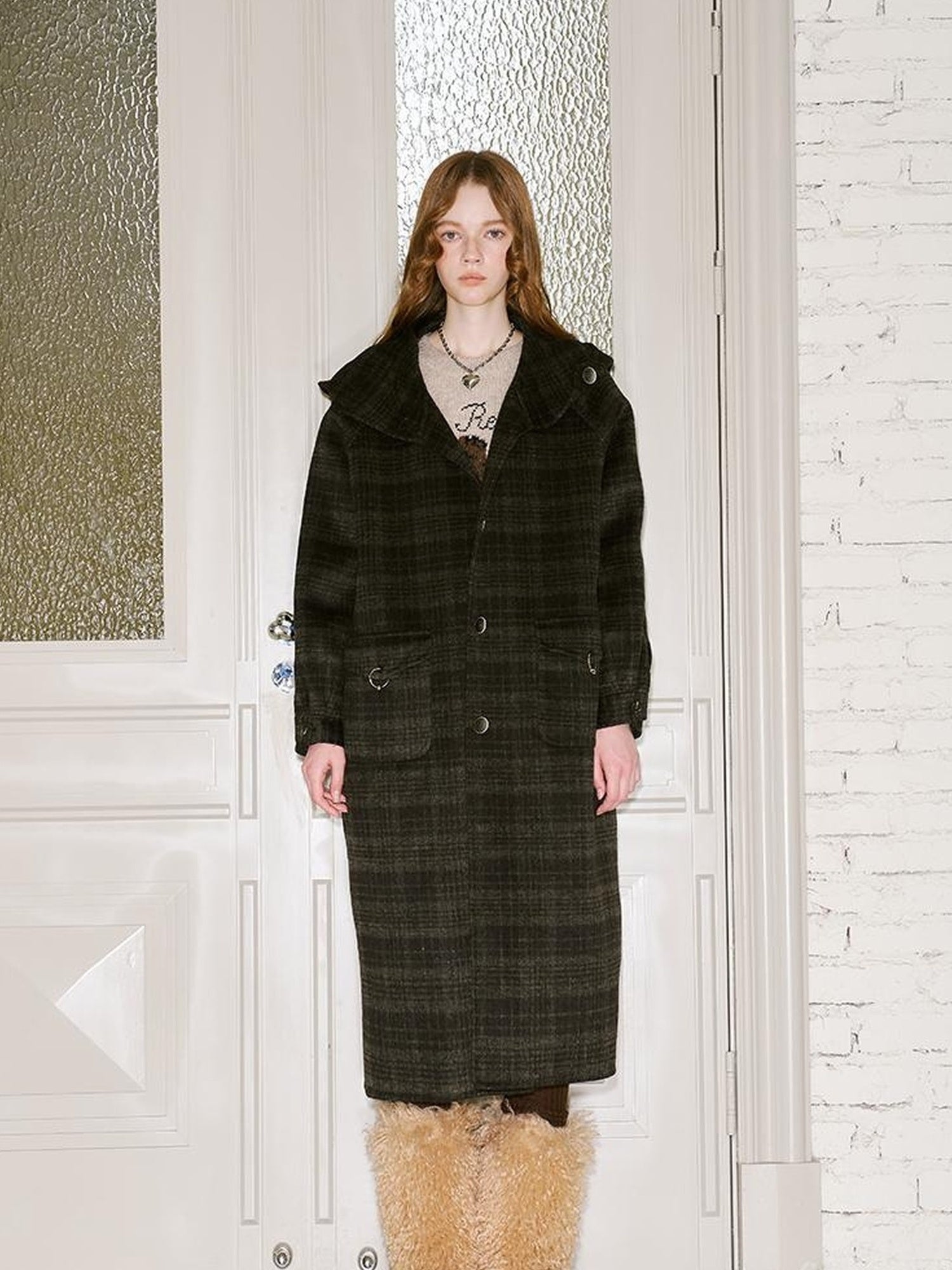 DIDDI MODA Vintage Checkered Hooded Wool Coat Long Double Faced Tweed Jacket