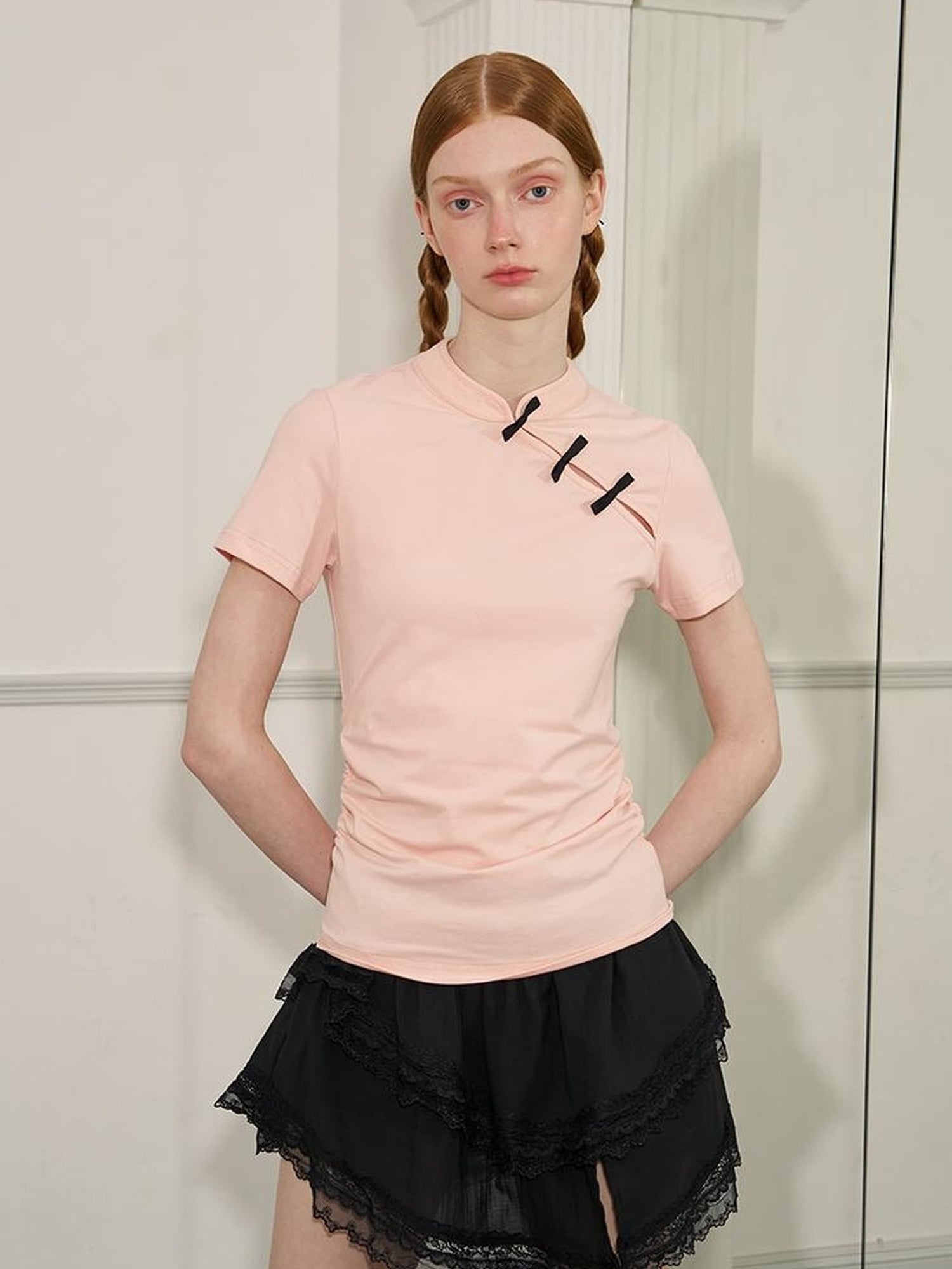 DIDDI MODA Vintage Chic Knit Top With Bow Knot And Asymmetrical Hem