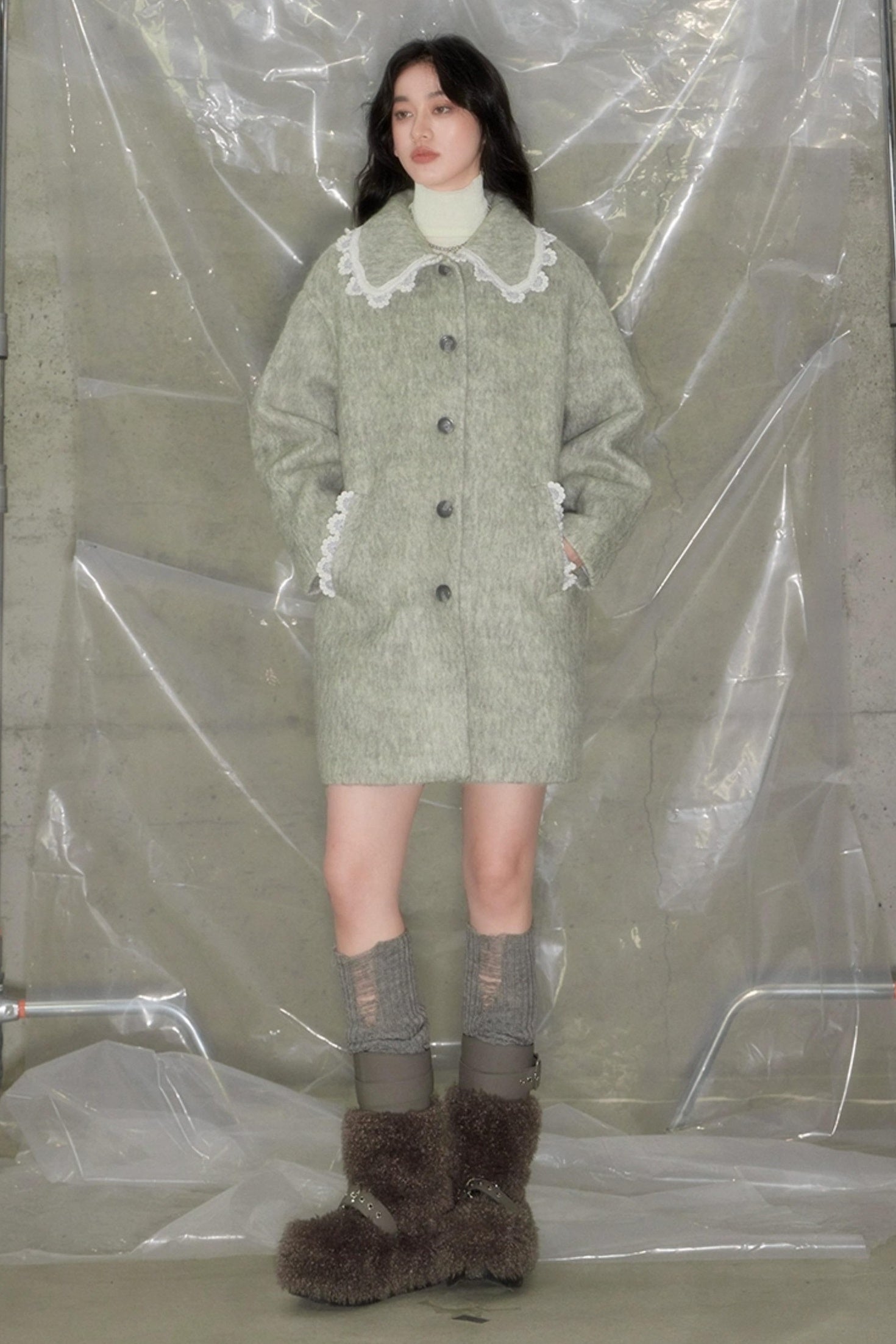 DIDDI MODA Vintage Crochet Lace Peacoat With Horn Buttons