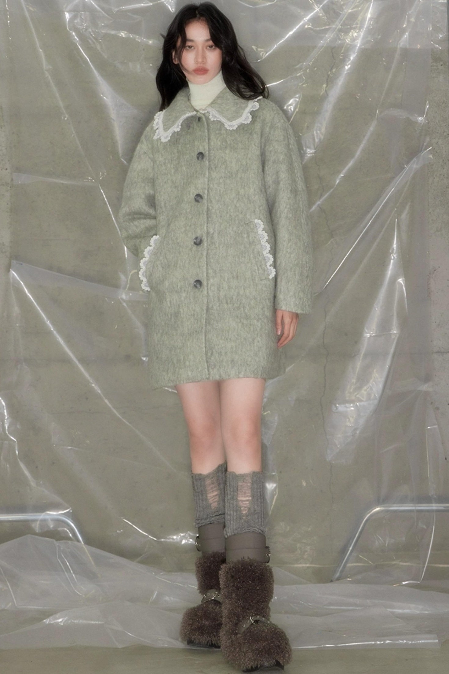 DIDDI MODA Vintage Crochet Lace Peacoat With Horn Buttons