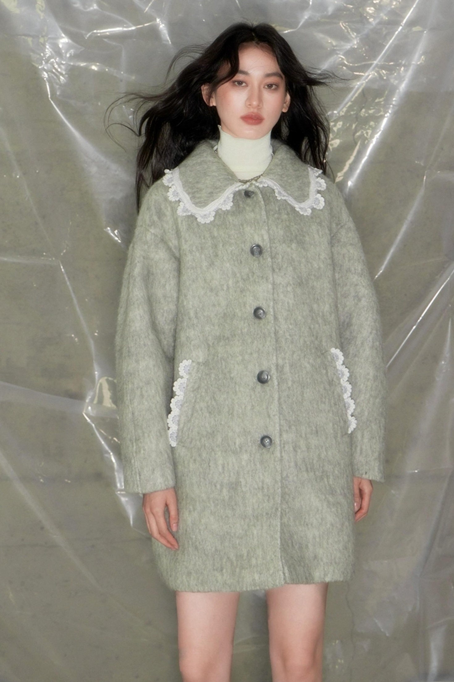 DIDDI MODA Vintage Crochet Lace Peacoat With Horn Buttons