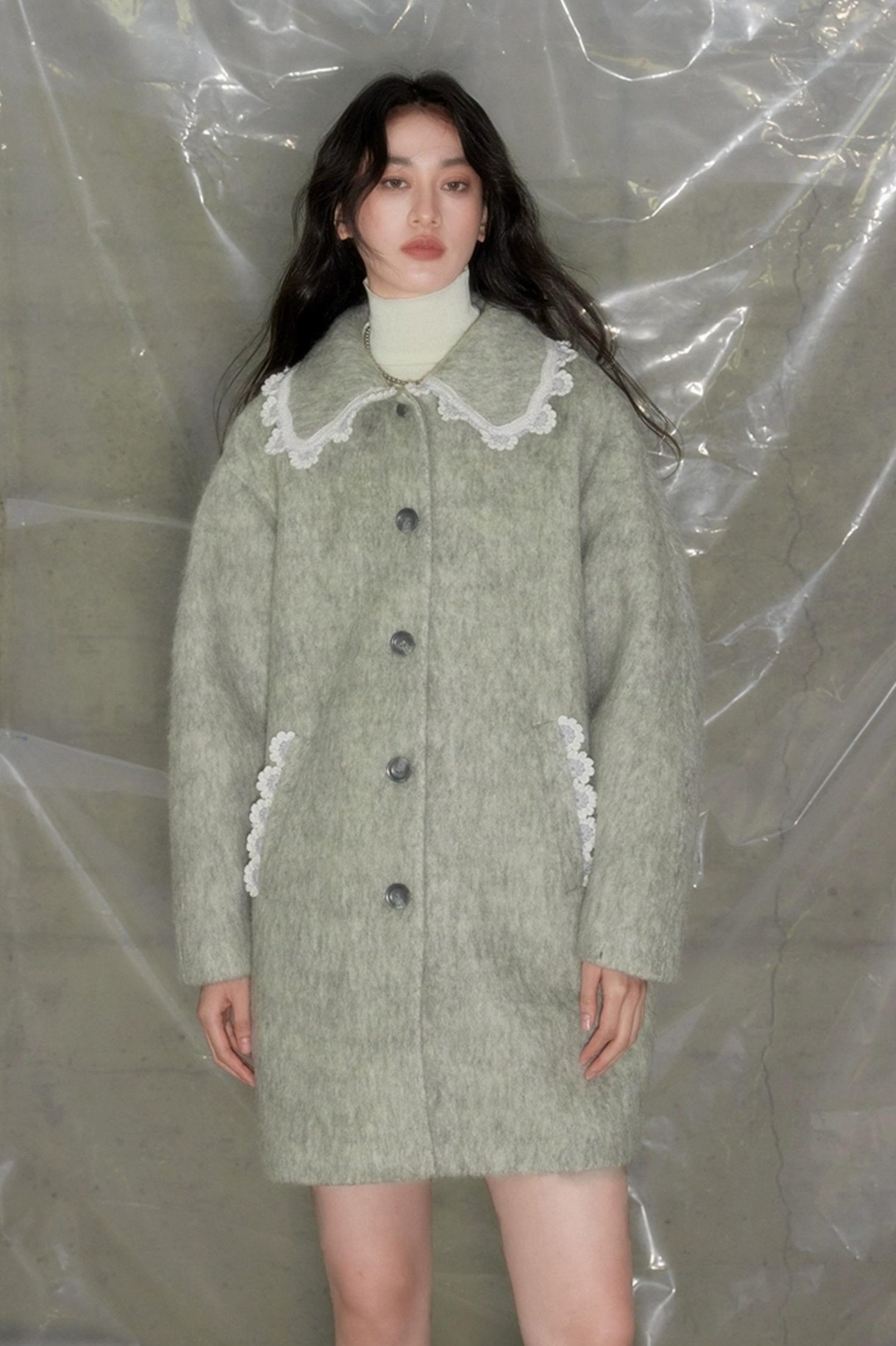 DIDDI MODA Vintage Crochet Lace Peacoat With Horn Buttons