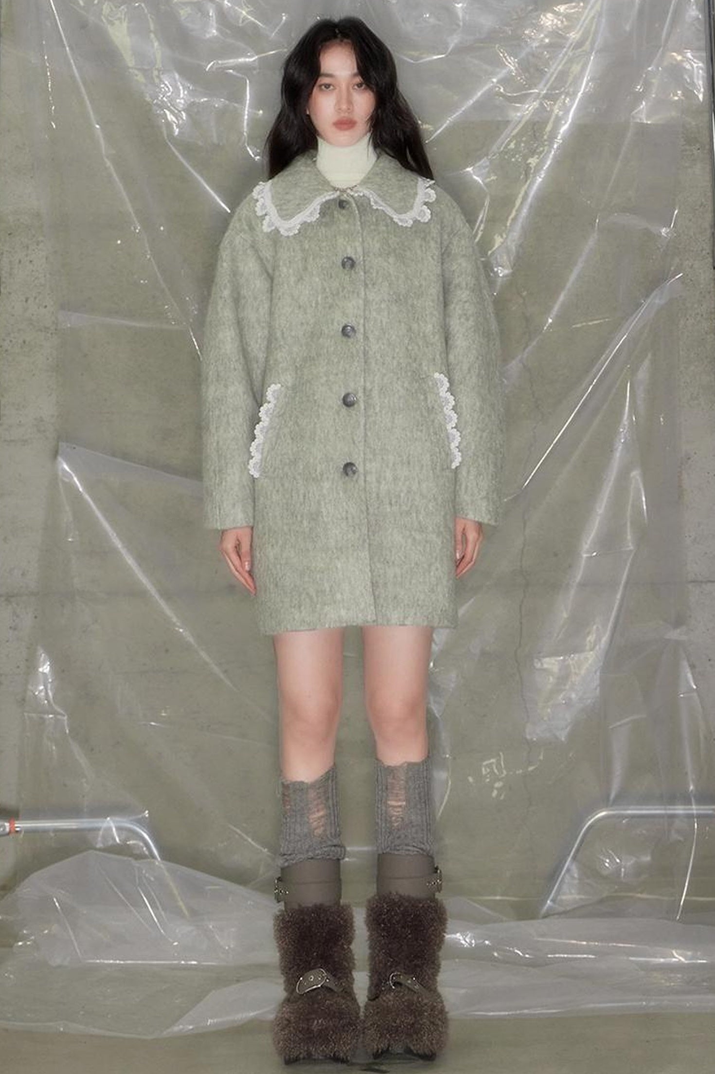 DIDDI MODA Vintage Crochet Lace Peacoat With Horn Buttons