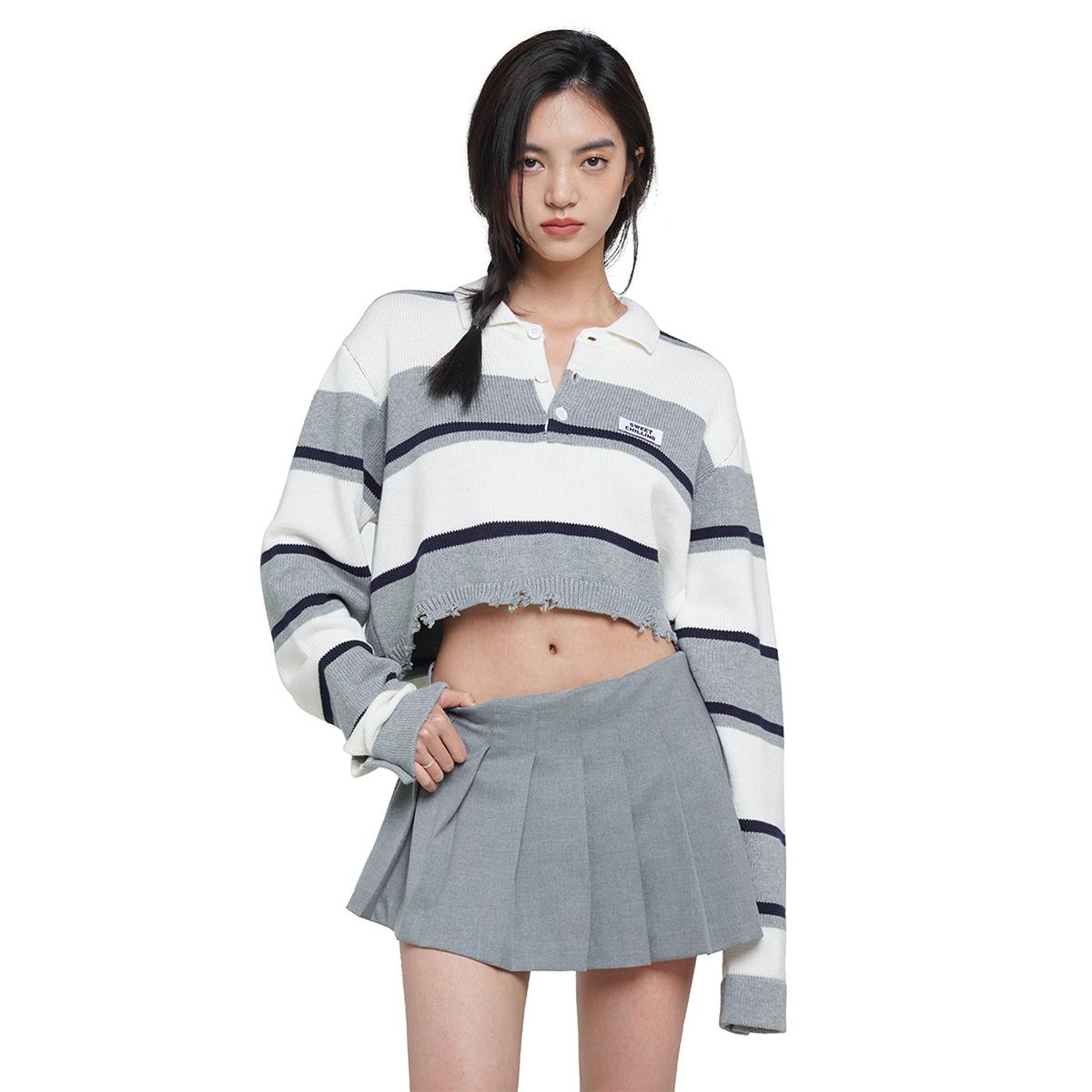 SweetChilling Vintage Cropped Polo Knit Sweater For Women