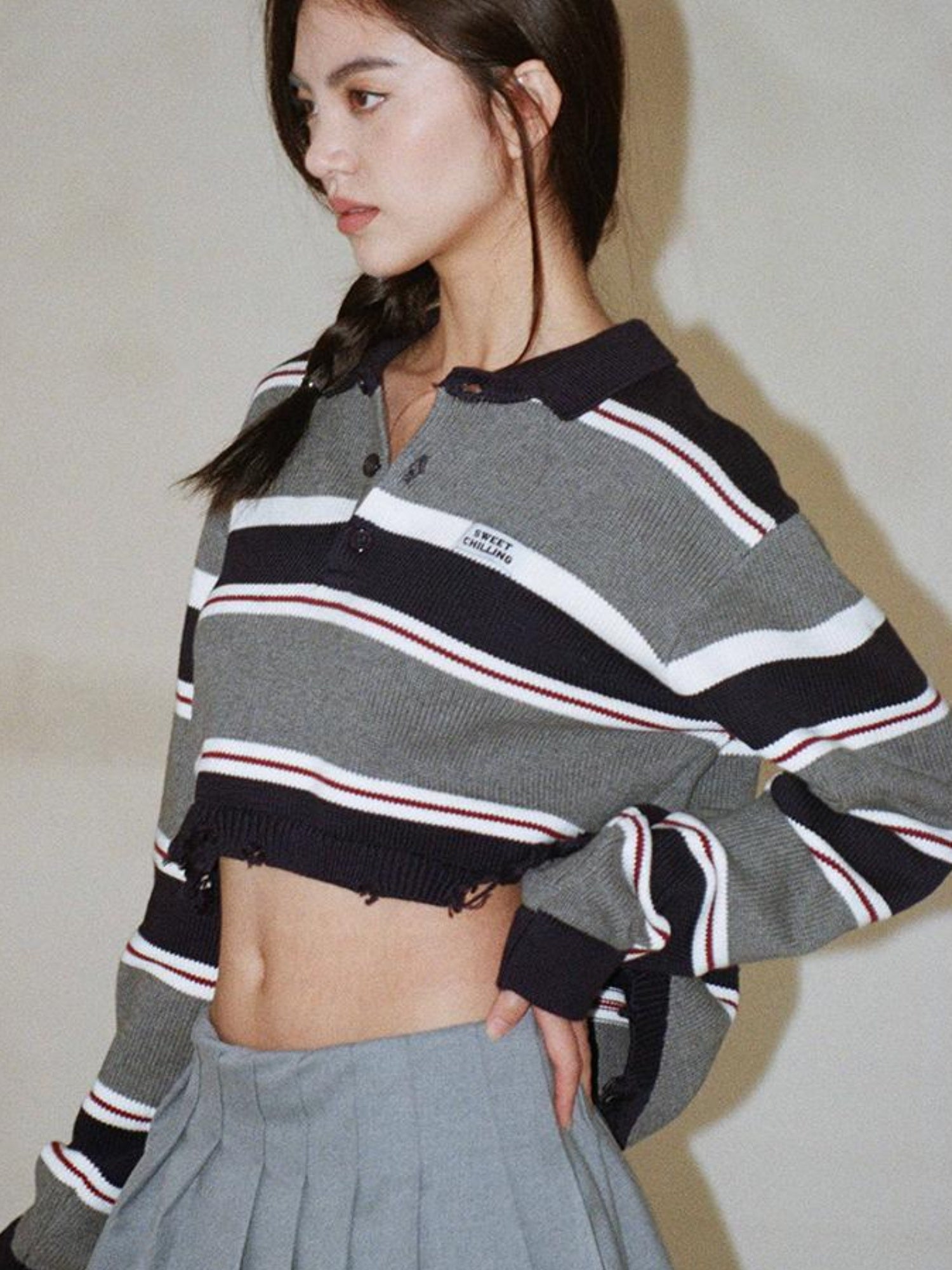 SweetChilling Vintage Cropped Polo Knit Sweater For Women