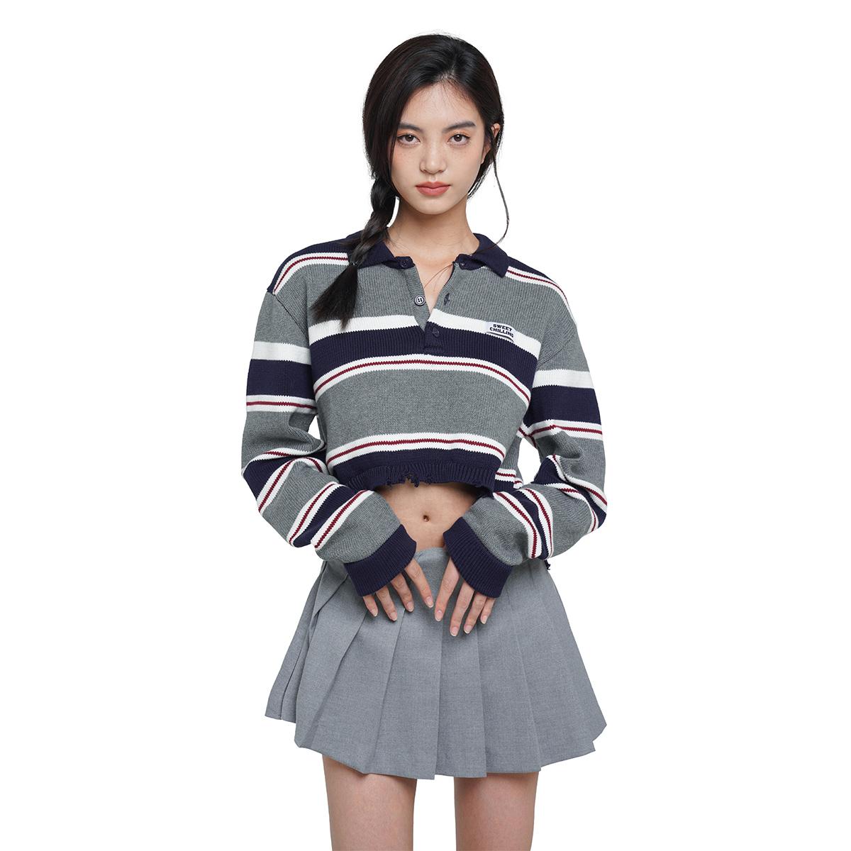 SweetChilling Vintage Cropped Polo Knit Sweater For Women