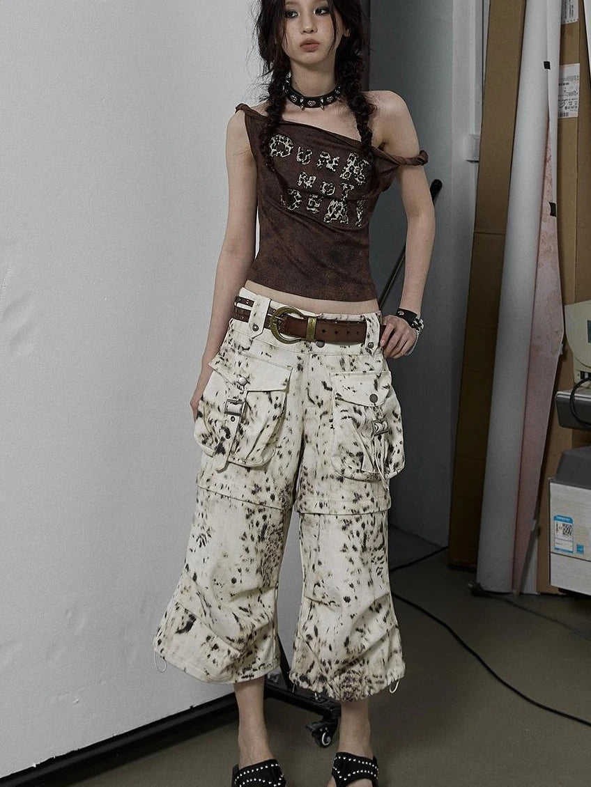 Vintage Dark Y2K Leopard Print Crop Top T-Shirt