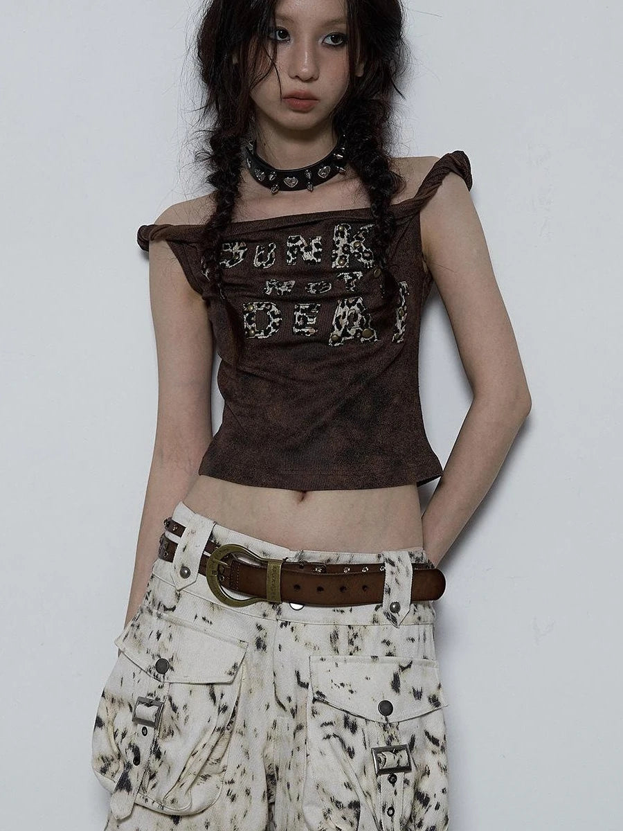 Vintage Dark Y2K Leopard Print Crop Top T-Shirt