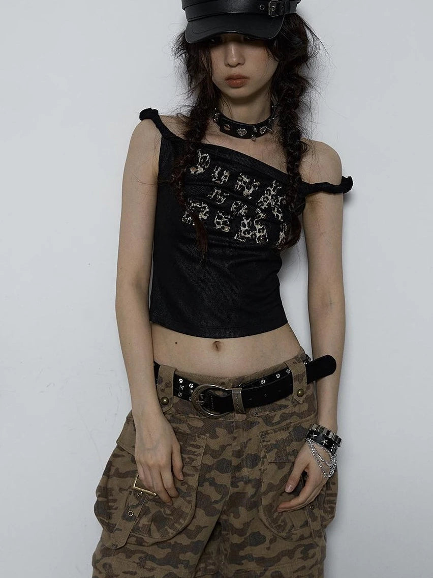 Vintage Dark Y2K Leopard Print Crop Top T-Shirt