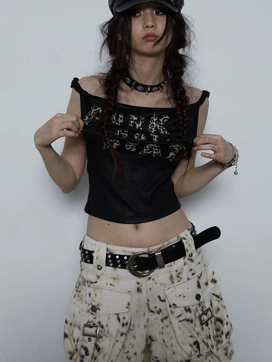 Vintage Dark Y2K Leopard Print Crop Top T-Shirt