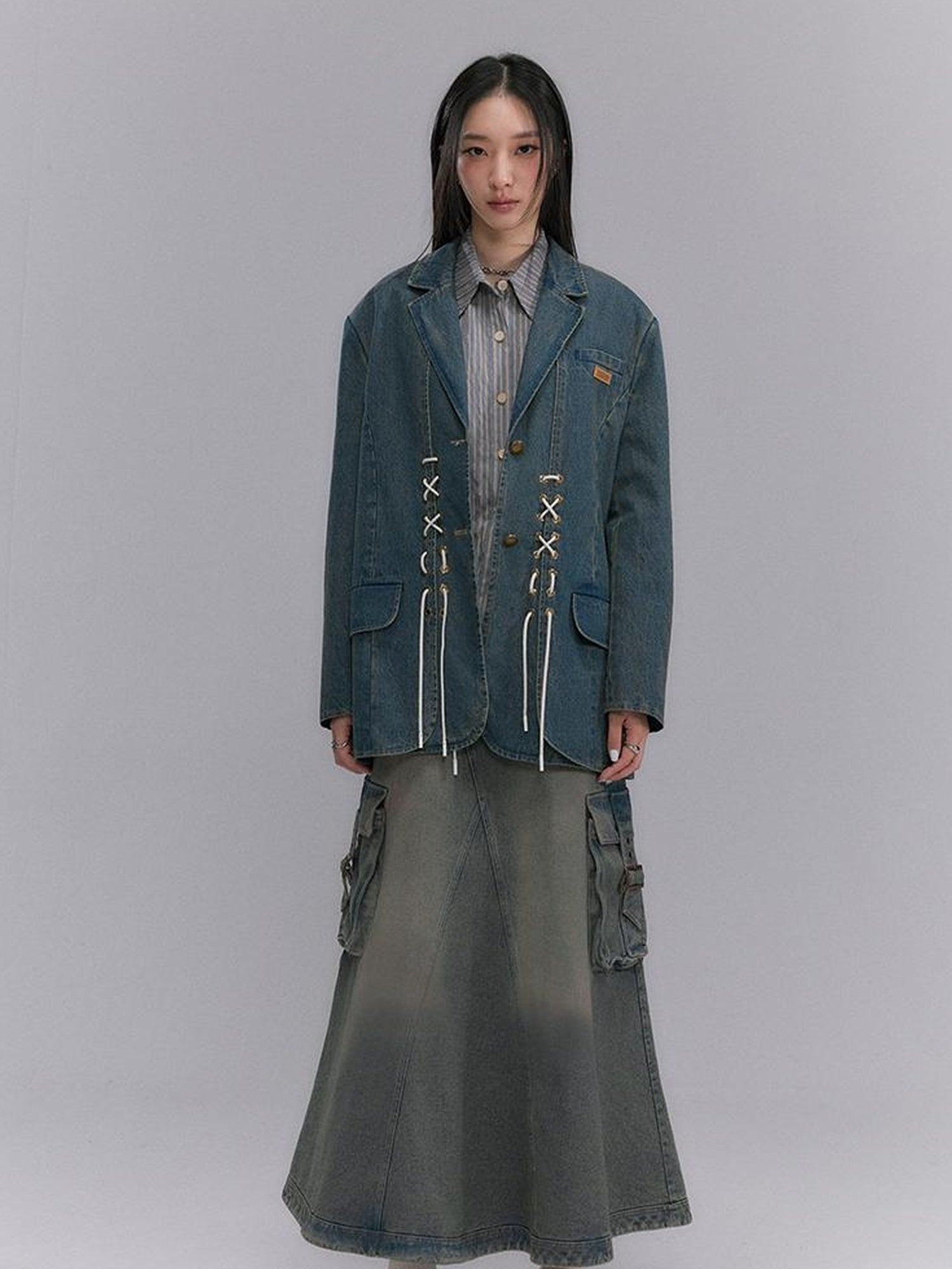 DIDDI MODA Vintage Denim Blazer With Cross Tie Detail