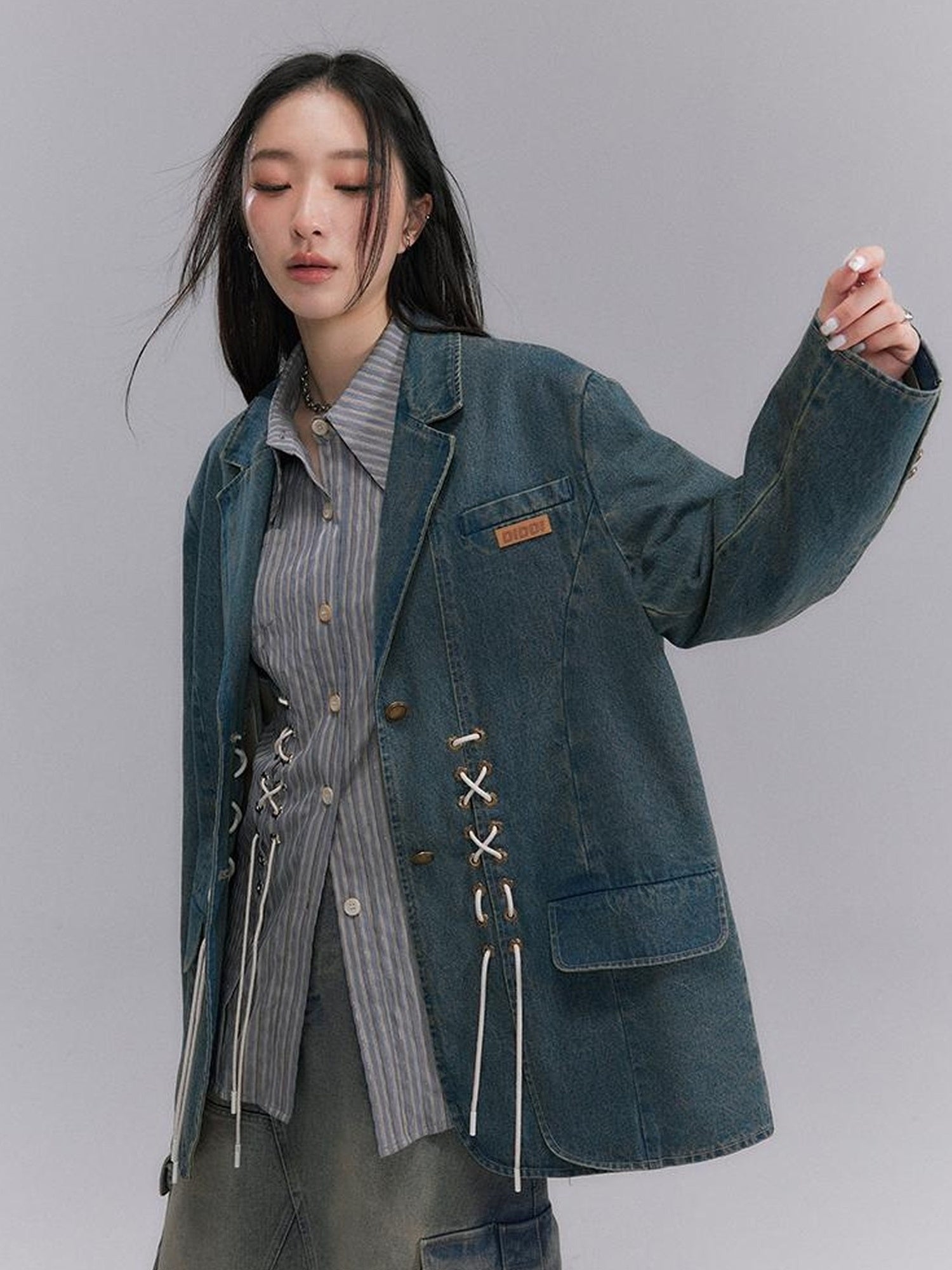 DIDDI MODA Vintage Denim Blazer With Cross Tie Detail