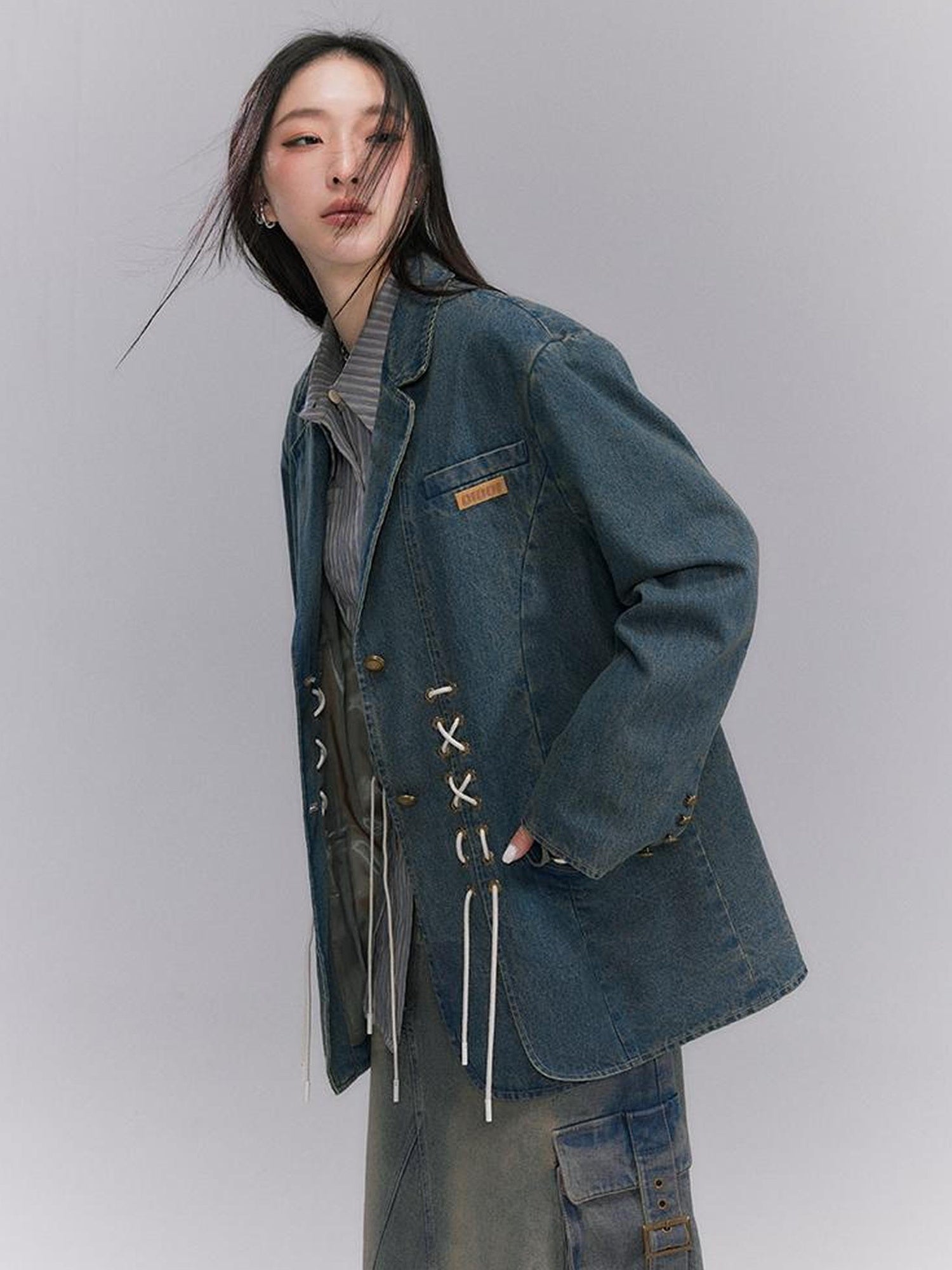 DIDDI MODA Vintage Denim Blazer With Cross Tie Detail