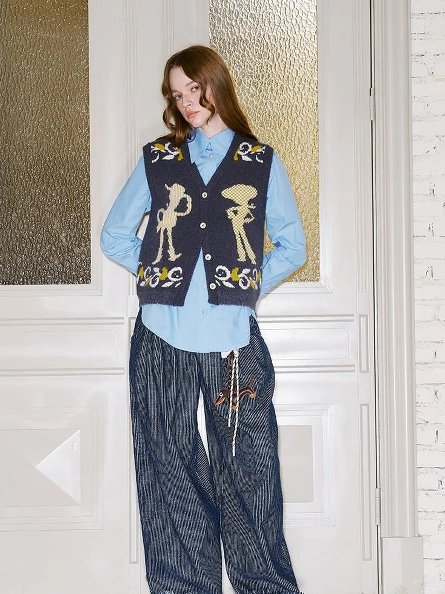 Vintage Denim Knit Vest With Floral And Cartoon Jacquard Texture