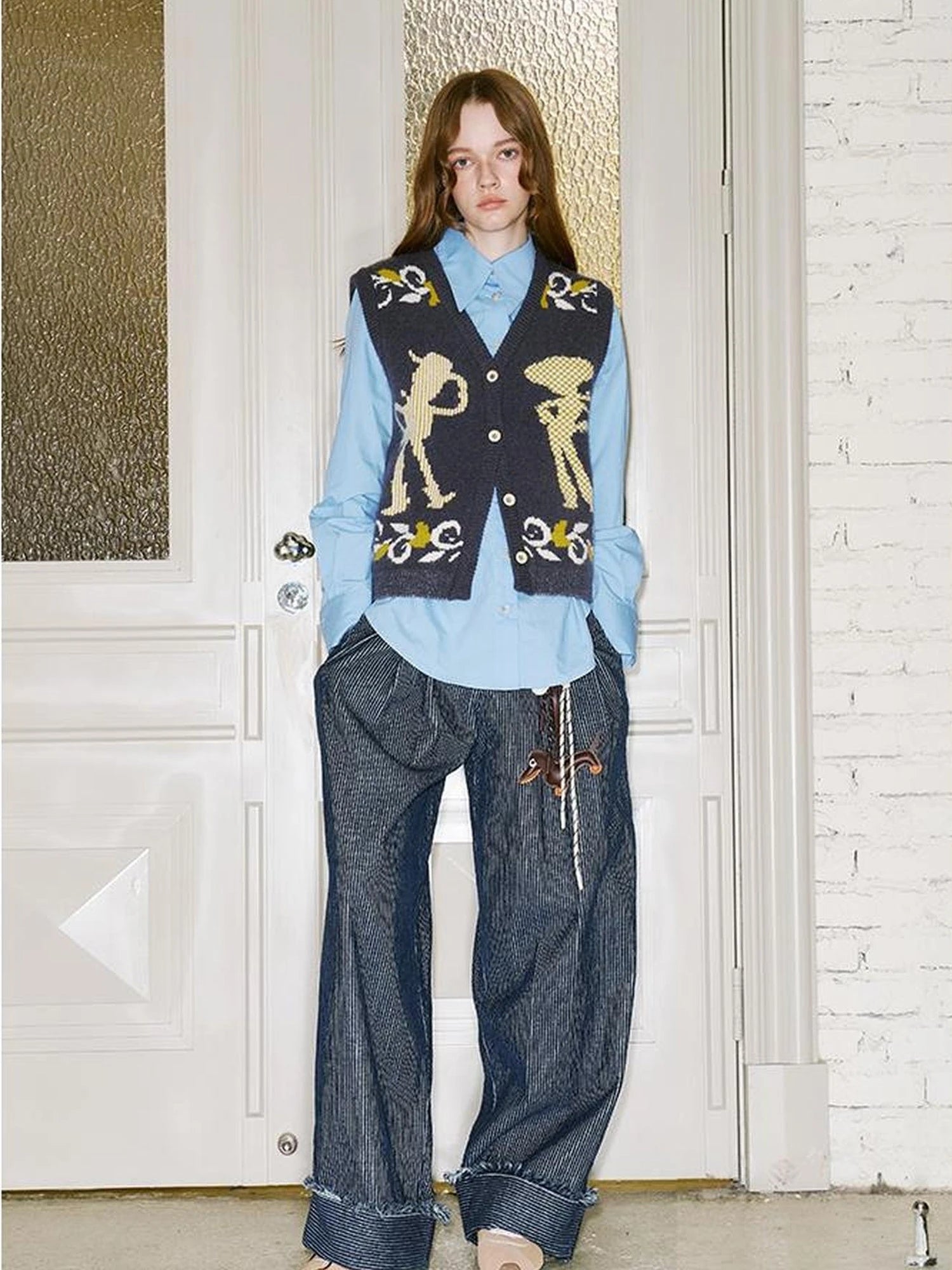 Vintage Denim Knit Vest With Floral And Cartoon Jacquard Texture