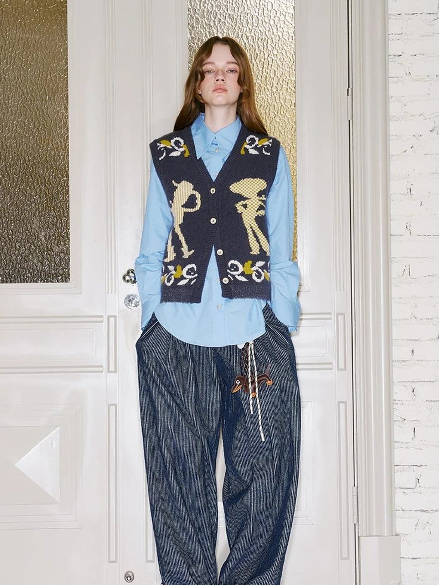 Vintage Denim Knit Vest With Floral And Cartoon Jacquard Texture