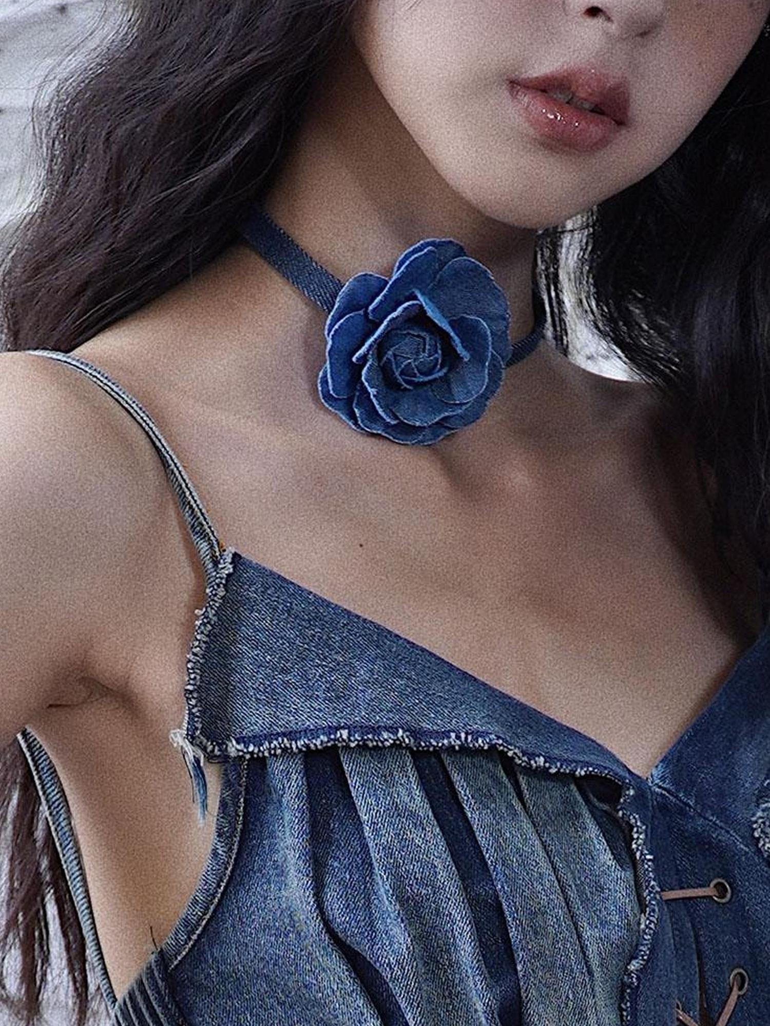 WSW WUSHENWU Vintage Denim Rose Adjustable Necklace