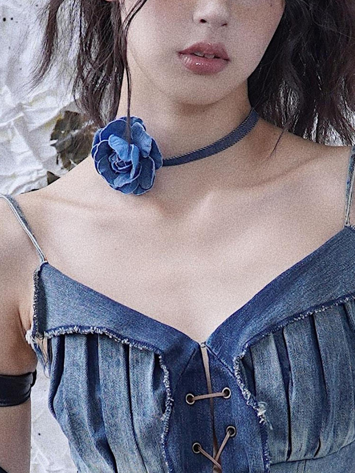 WSW WUSHENWU Vintage Denim Rose Adjustable Necklace