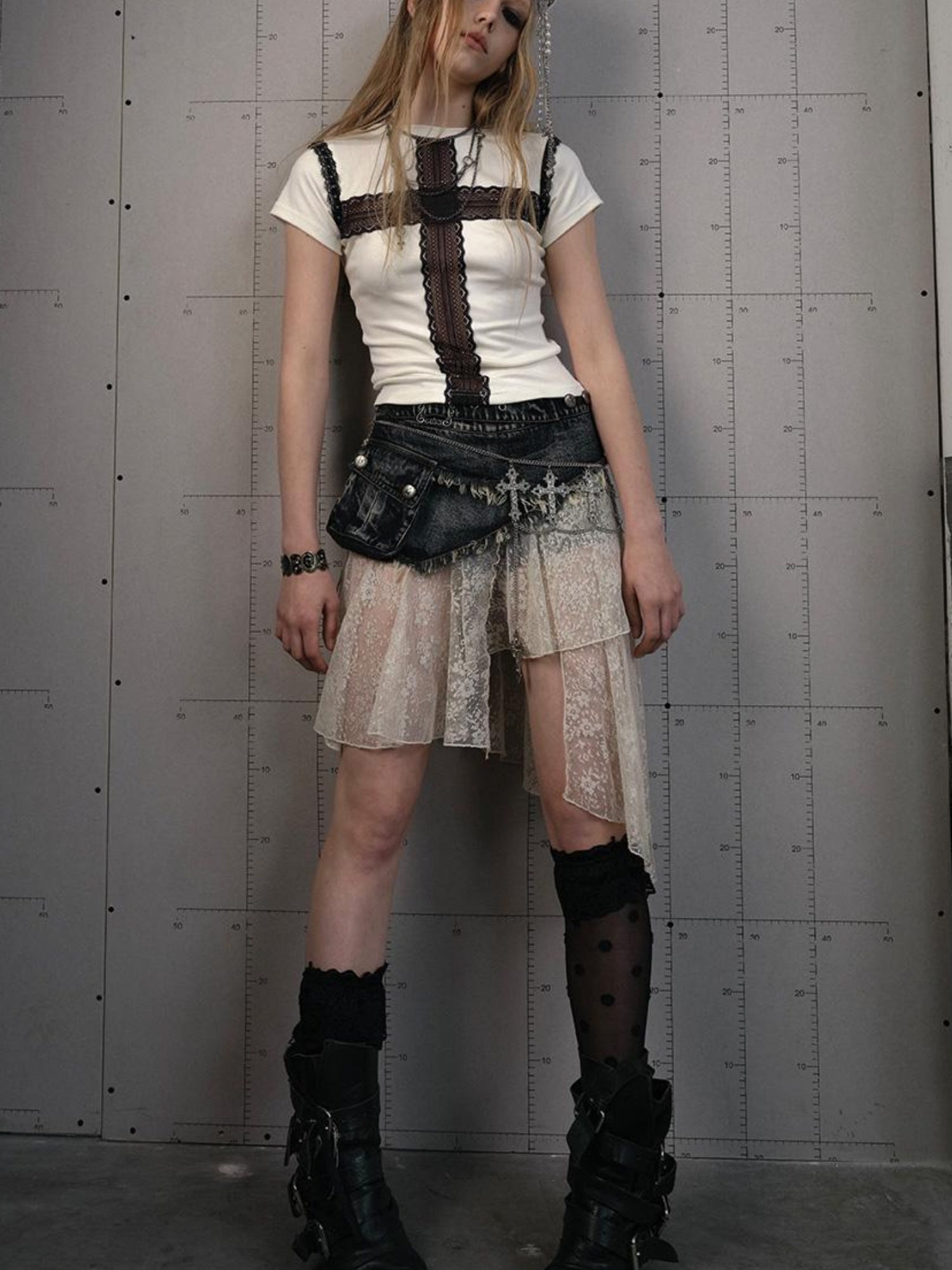 NO ROMANCE Vintage Distressed Denim Skirt Pants With Lace Trim