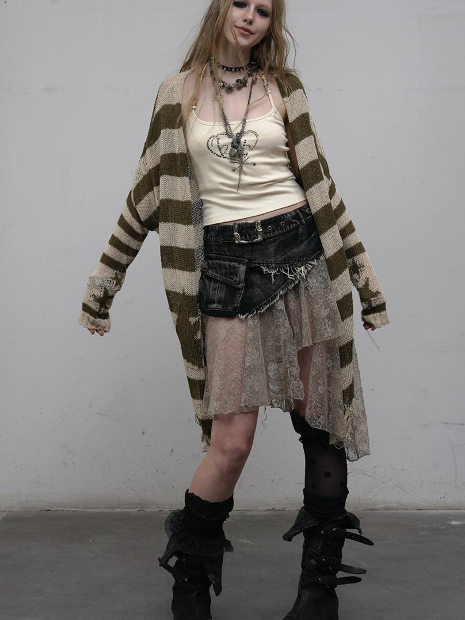 NO ROMANCE Vintage Distressed Denim Skirt Pants With Lace Trim