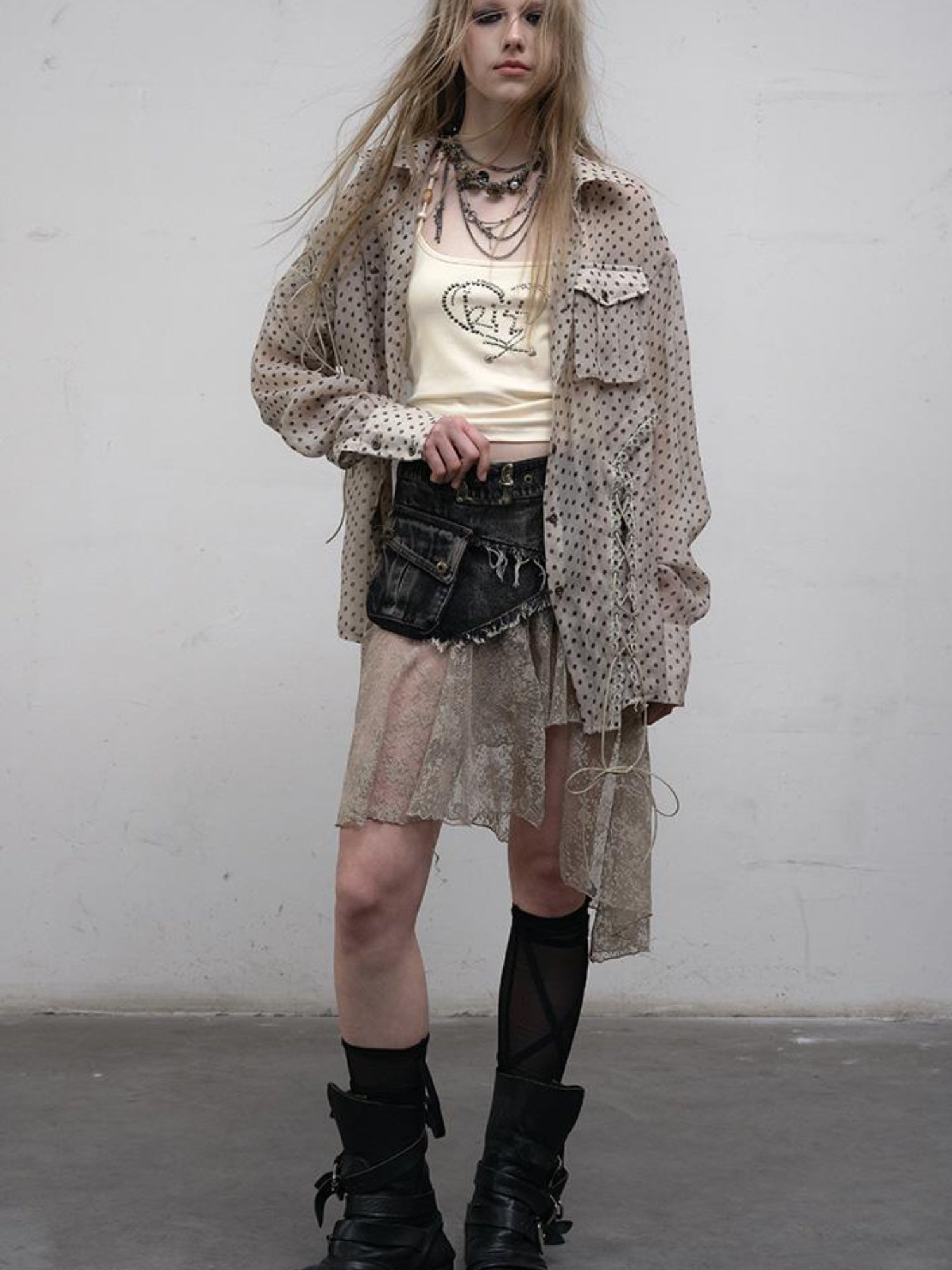 NO ROMANCE Vintage Distressed Denim Skirt Pants With Lace Trim