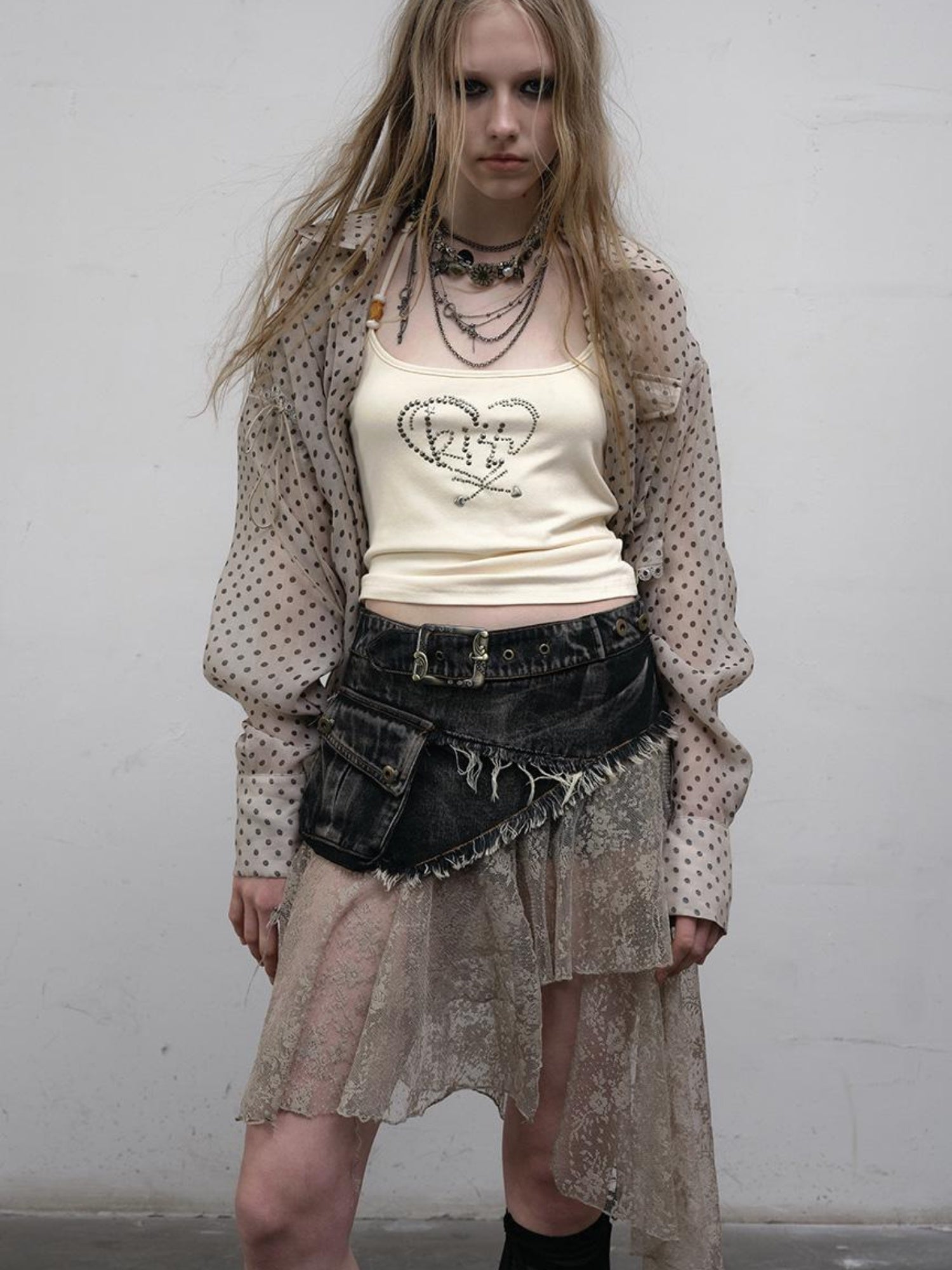 NO ROMANCE Vintage Distressed Denim Skirt Pants With Lace Trim