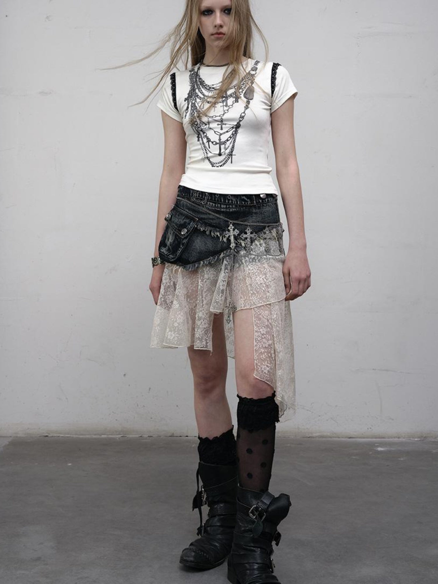 NO ROMANCE Vintage Distressed Denim Skirt Pants With Lace Trim