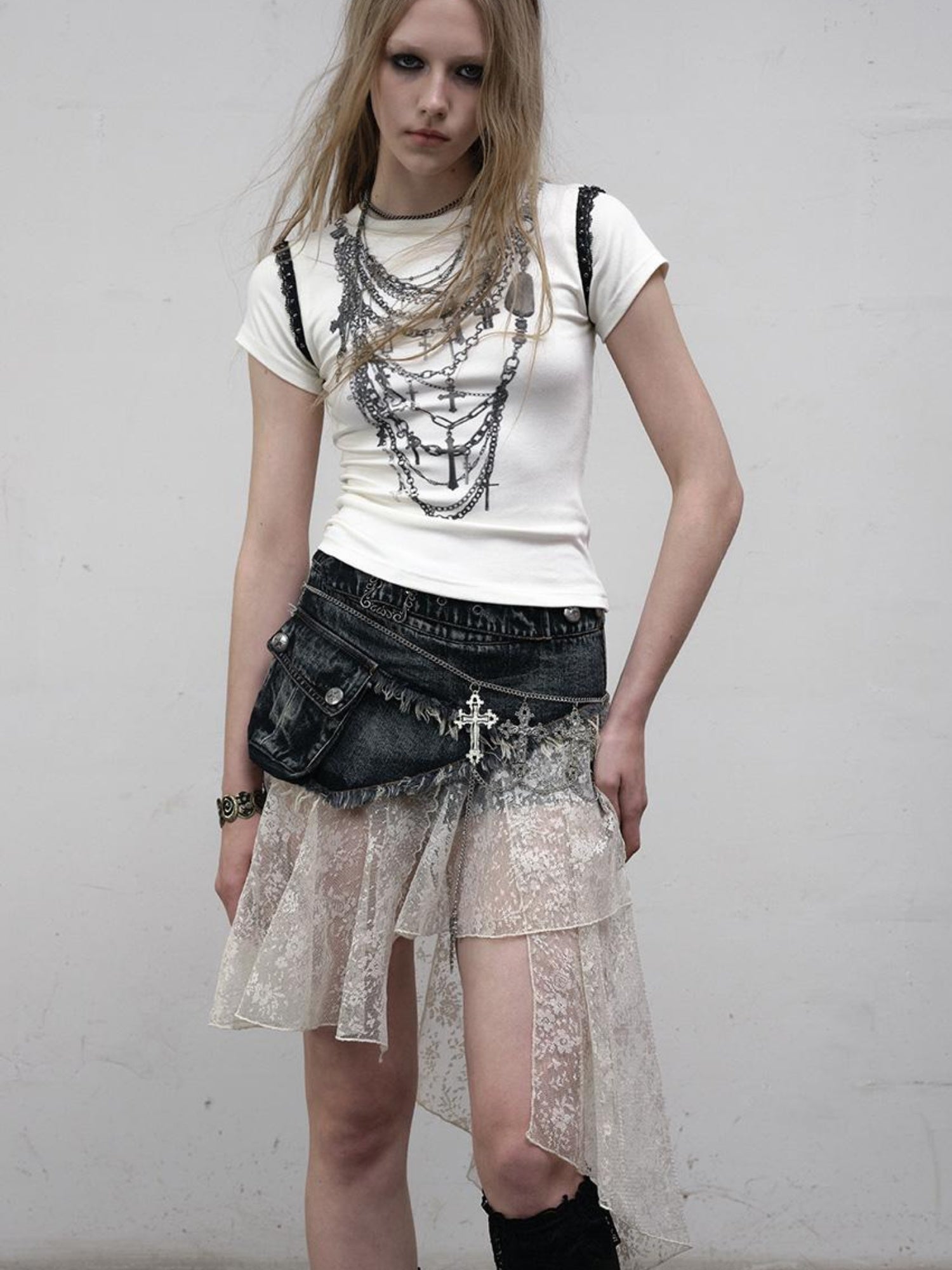NO ROMANCE Vintage Distressed Denim Skirt Pants With Lace Trim